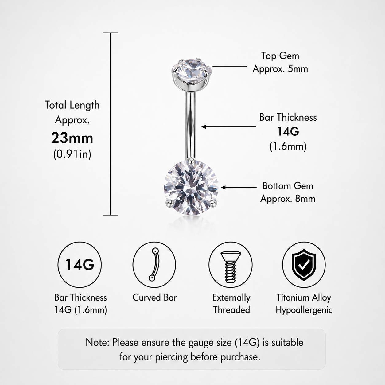 Anneau de nombril rond en titane avec zircon cubique 