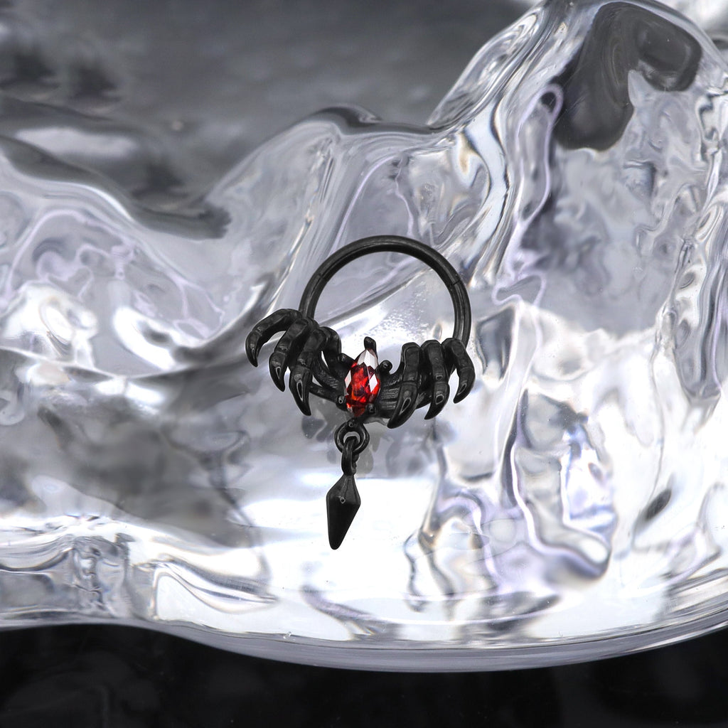 Dark Skeleton Hand Red CZ Pendant Septum Ring - Dark Skeleton Hand Red CZ Pendant Septum Ring - Default Title by CRUXJEWELRY