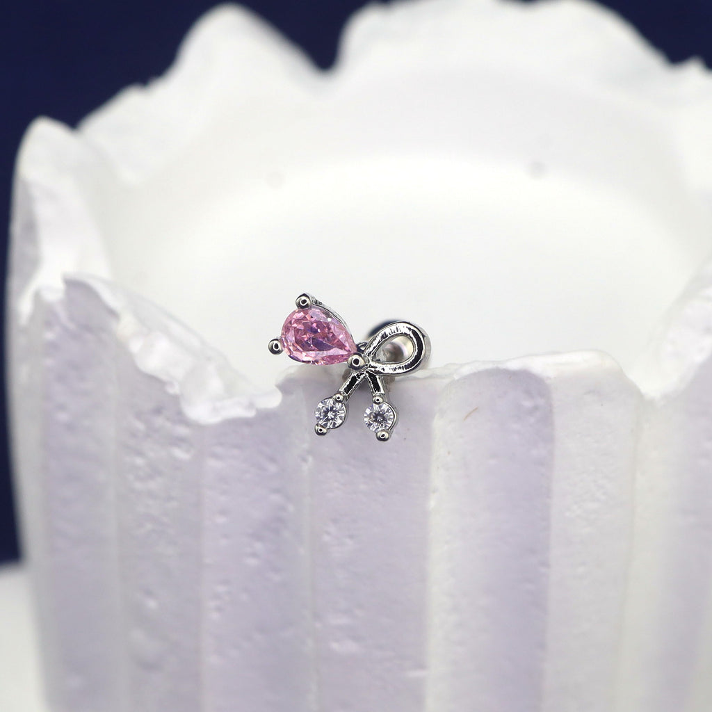 Pink CZ Bow white-gold-plated copper Ear Stud - Pink CZ Bow white-gold-plated copper Ear Stud - Single by CRUXJEWELRY