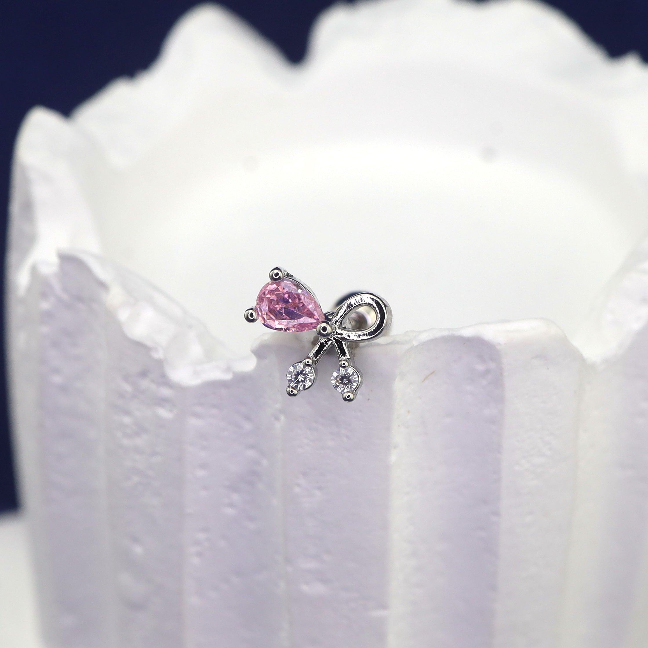 Pink CZ Bow white-gold-plated copper Ear Stud - Pink CZ Bow white-gold-plated copper Ear Stud - Single by CRUXJEWELRY