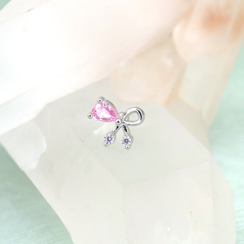 Pink CZ Bow white-gold-plated copper Ear Stud - Pink CZ Bow white-gold-plated copper Ear Stud - Single by CRUXJEWELRY