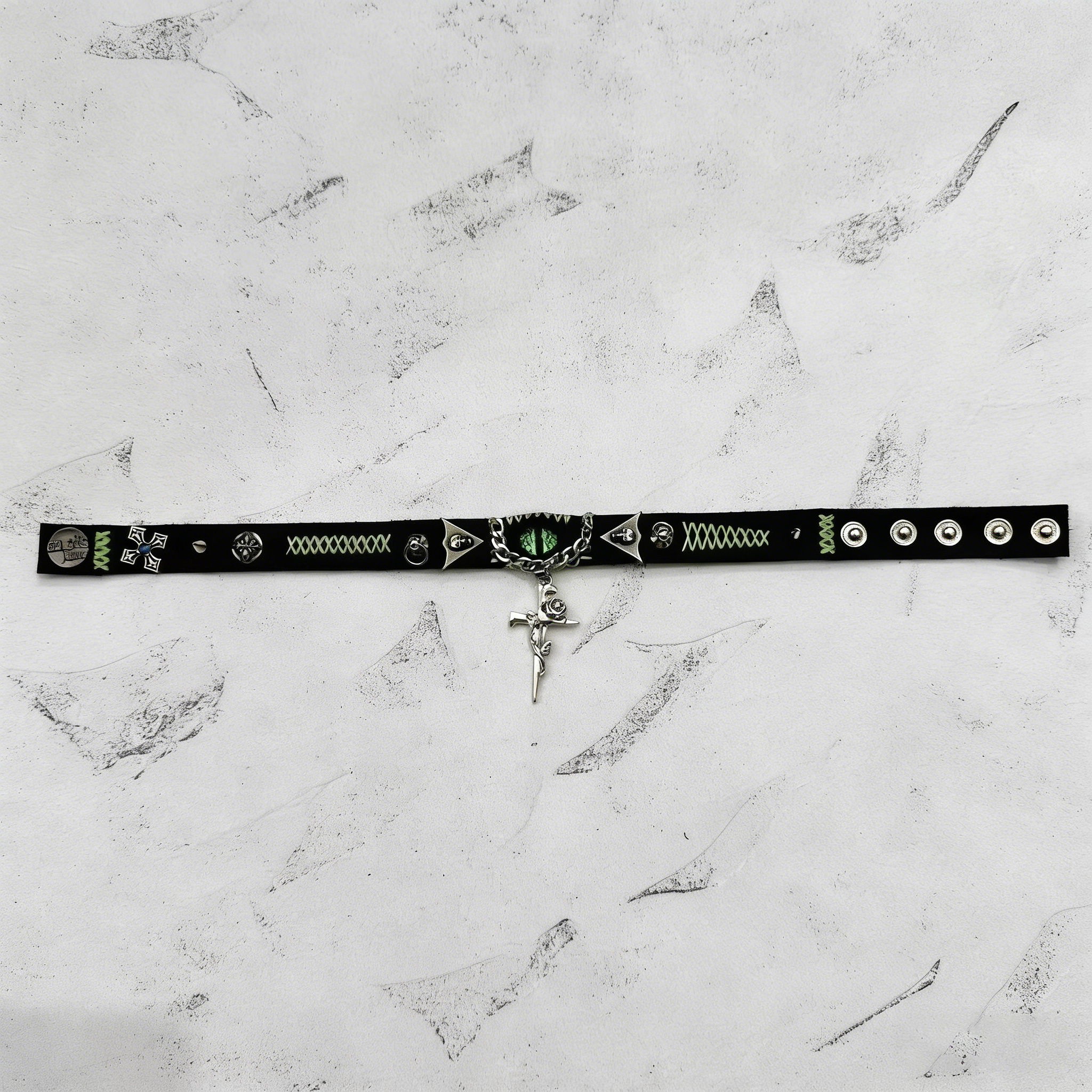 2-in-1 Gothic Black Leather Choker & Wrap Bracelet - Green Dragon Eye Necklace - Gun & Rose Charm - Toxic Punk Style