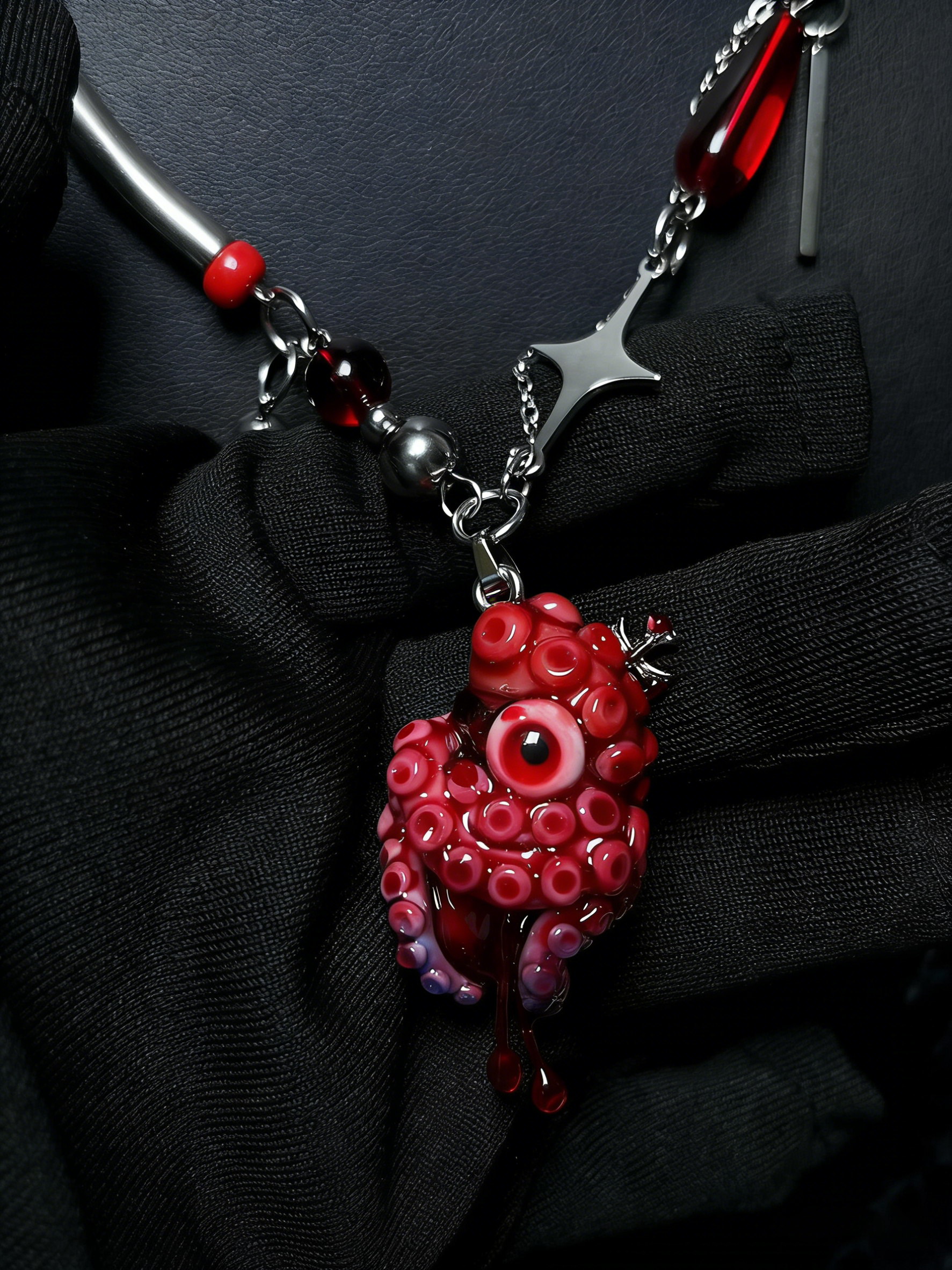 Trapped in Medicine Jar Necklace - Red Tentacle Specimen & Silver Cross