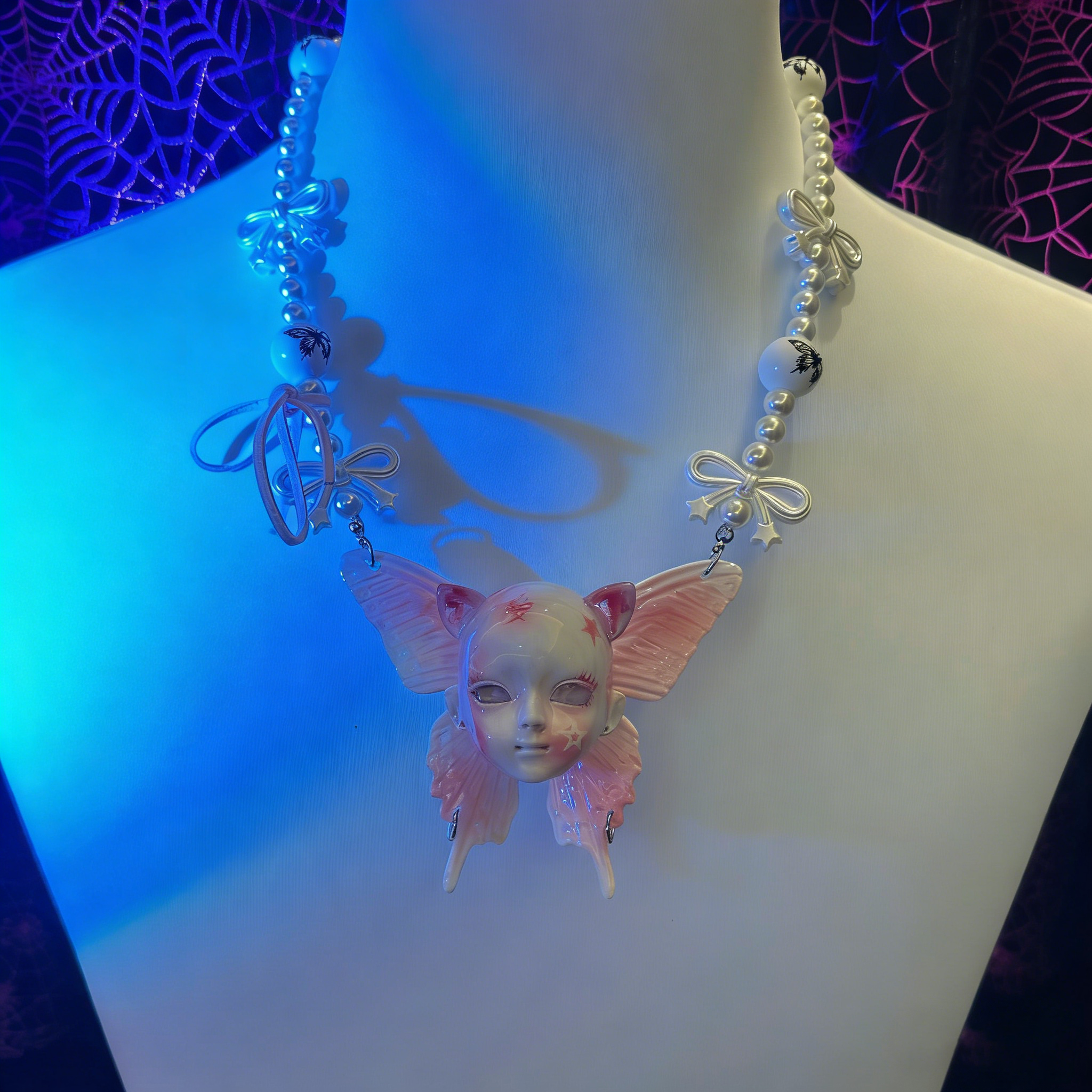 Coquette Pink Butterfly Doll Face Pearl Necklace with Silver Bows & Ribbons