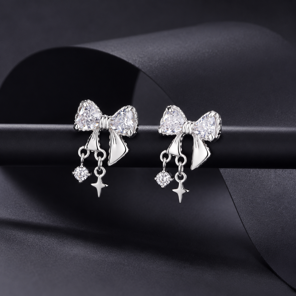 Pair Of Dainty Silver Bow Dangle Stud - Fairycore Cartilage & Helix Earring - Crux Jewelry product image 6