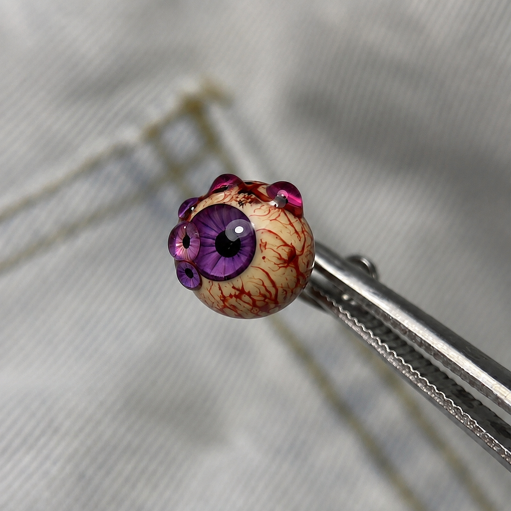 Purple Thousandfold Omen multi-eye piercing top held in tweezers