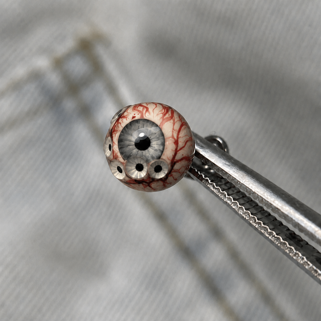 Gray Thousandfold Omen multi-eye piercing top held in tweezers