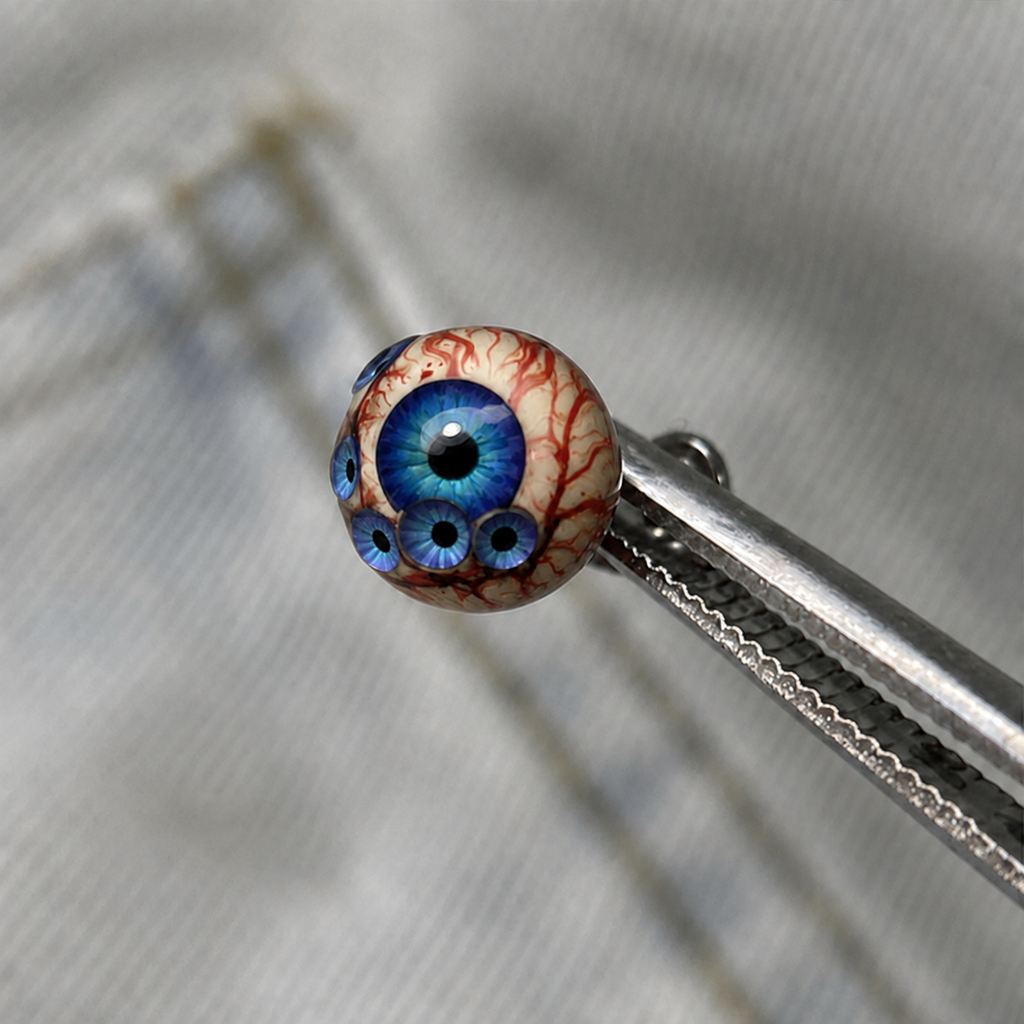 Blue Thousandfold Omen multi-eye piercing top held in tweezers
