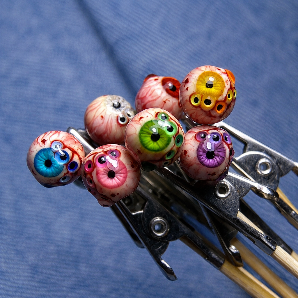 Thousandfold Omen multi-eye piercing tops grouped in metal clamps