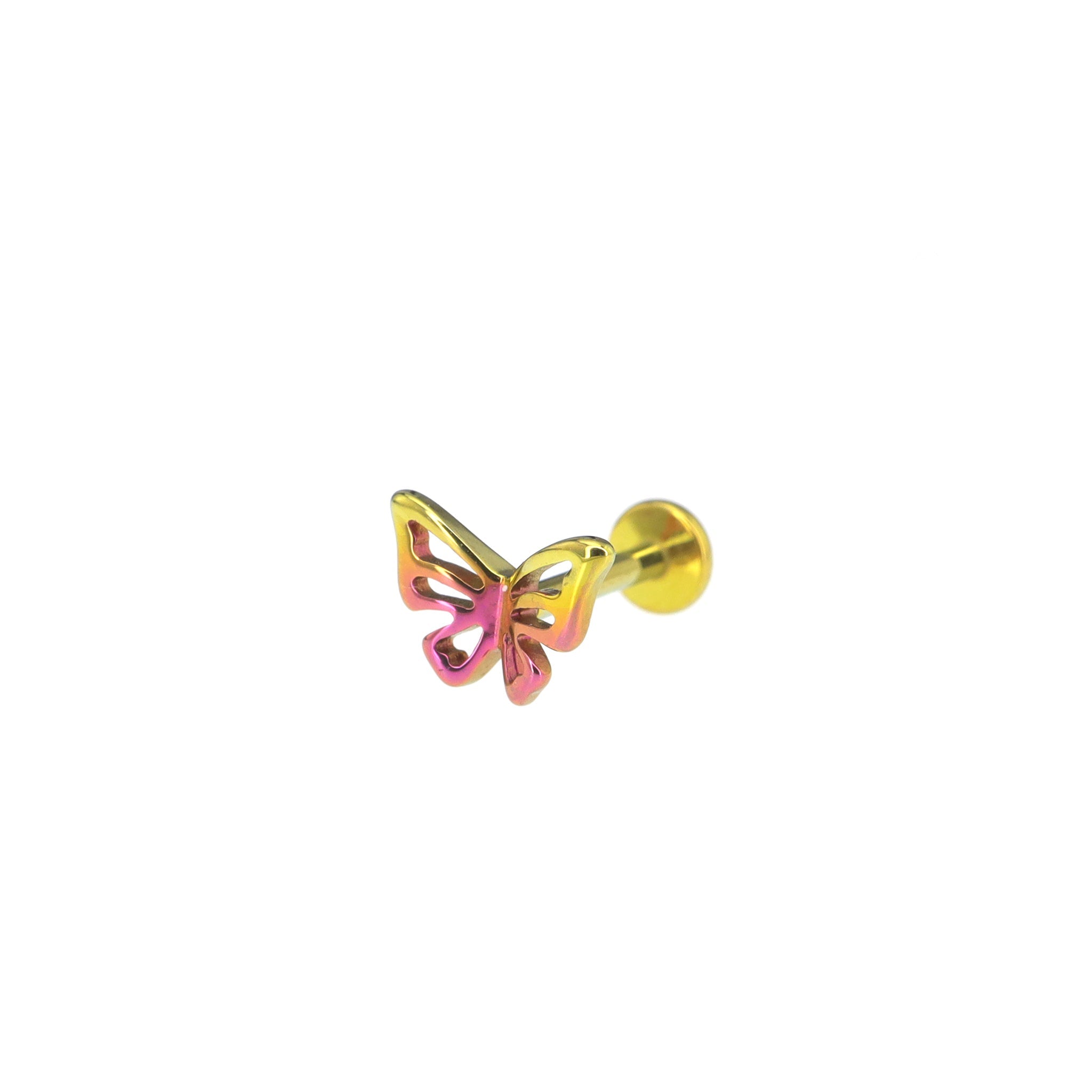 3D Openwork Butterfly Internally Threaded Titanium Labret Stud - 3D Openwork Butterfly Internally Threaded Titanium Labret Stud - Pink-Yellow Gradient by CRUXJEWELRY