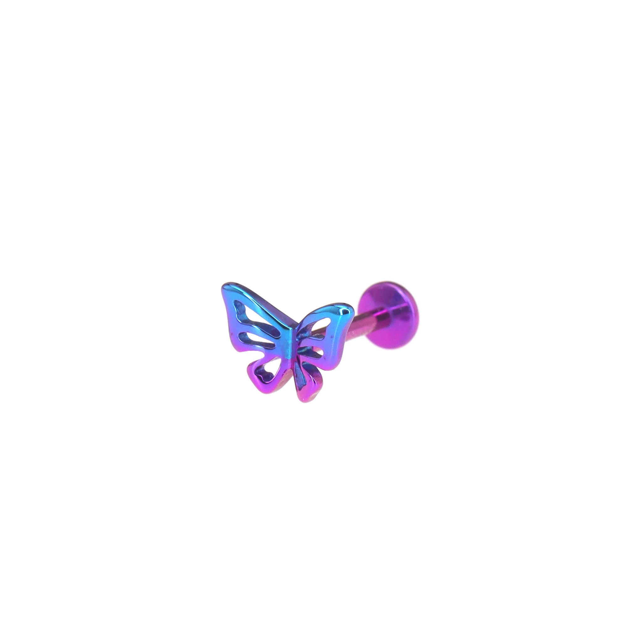 3D Openwork Butterfly Internally Threaded Titanium Labret Stud - 3D Openwork Butterfly Internally Threaded Titanium Labret Stud - Purple-Blue Gradient by CRUXJEWELRY