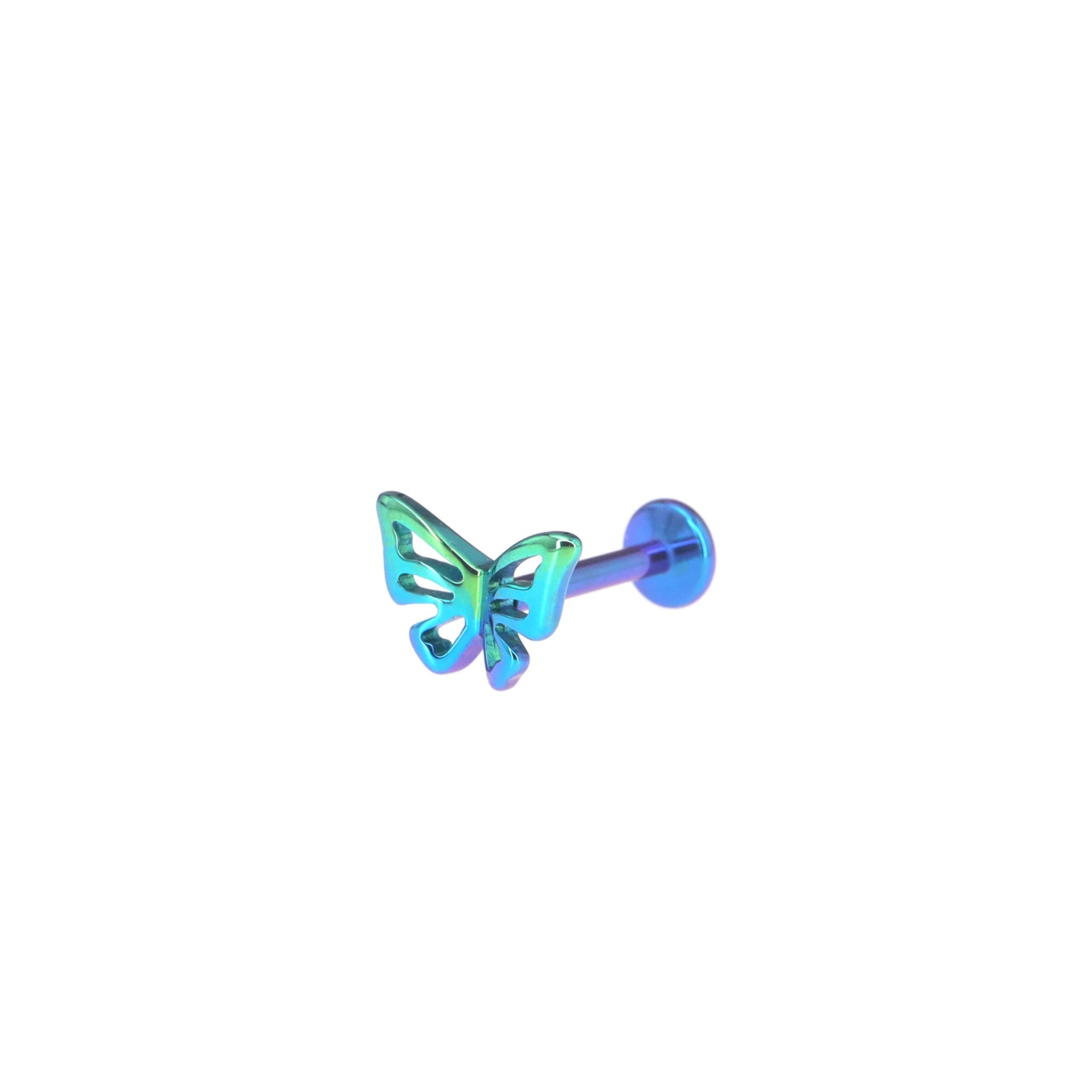 3D Openwork Butterfly Internally Threaded Titanium Labret Stud - 3D Openwork Butterfly Internally Threaded Titanium Labret Stud - Blue-Green Gradient by CRUXJEWELRY