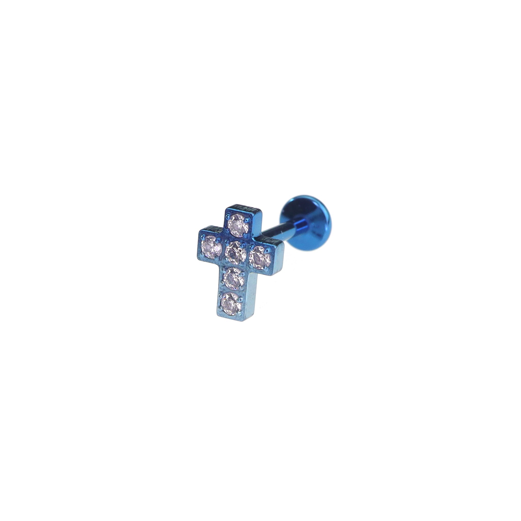 CZ Cross Internally Threaded Titanium Labret Stud - CZ Cross Internally Threaded Titanium Labret Stud - Blue / 5mm by CRUXJEWELRY