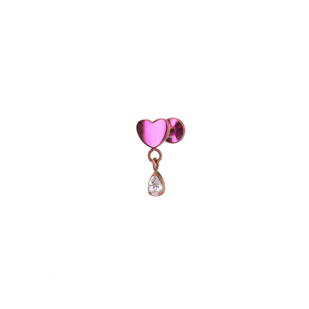 Heart Pendant Teardrop CZ Titanium Ear Studs - Heart Pendant Teardrop CZ Titanium Ear Studs - Pink / 6mm by CRUXJEWELRY