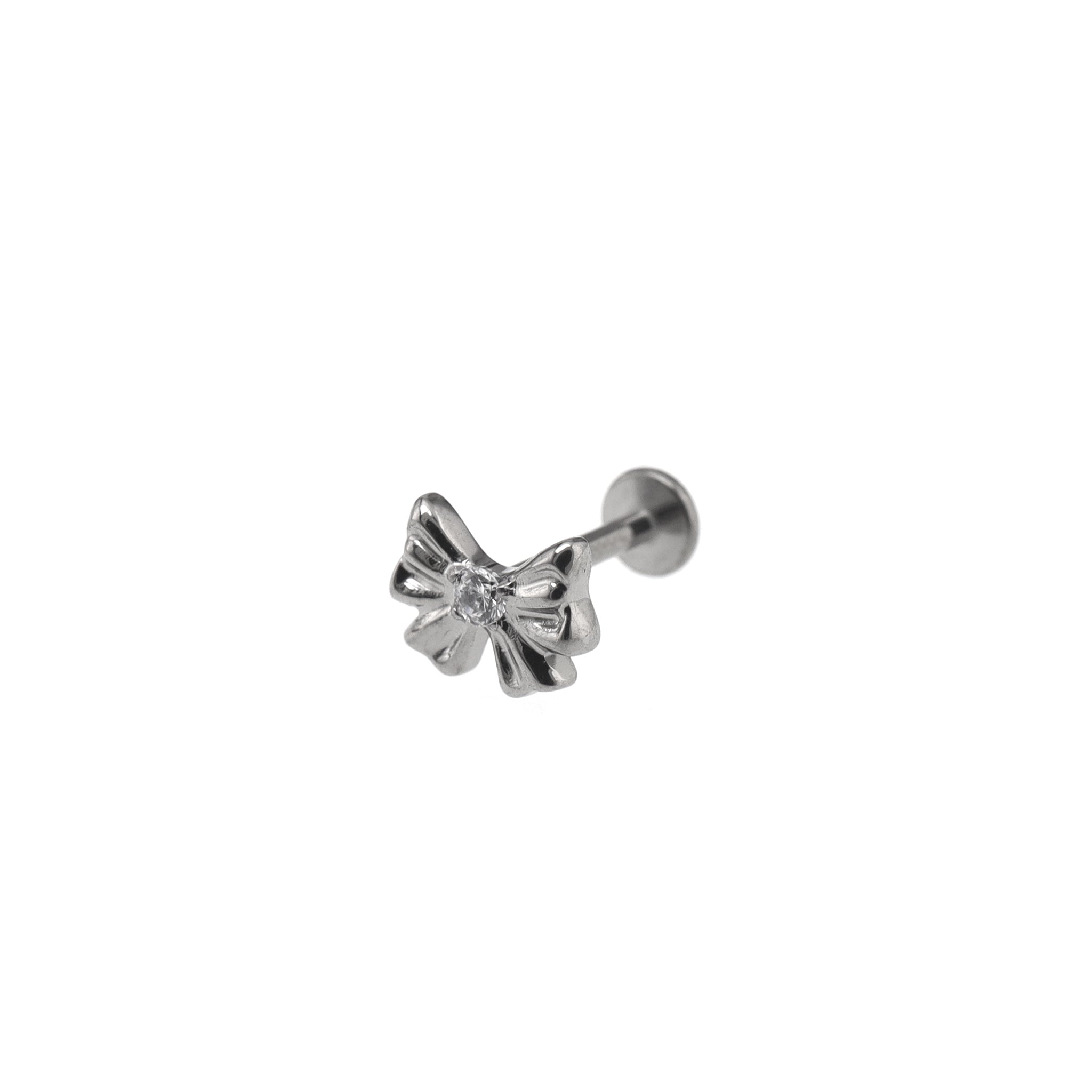 3D Engraved CZ Bow Titanium Ear Studs - 3D Engraved CZ Bow Titanium Ear Studs - Sliver / 6mm by CRUXJEWELRY