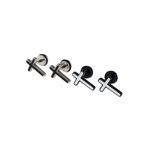 Black & White Oil Slick Cross Externally Threaded Stainless Steel Ear Studs - product image 2
