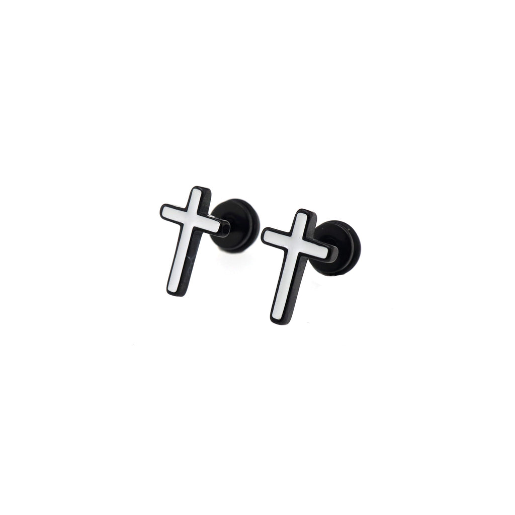 Black & White Oil Slick Cross Externally Threaded Stainless Steel Ear Studs - Black & White Oil Slick Cross Externally Threaded Stainless Steel Ear Studs - Pair of White by CRUXJEWELRY