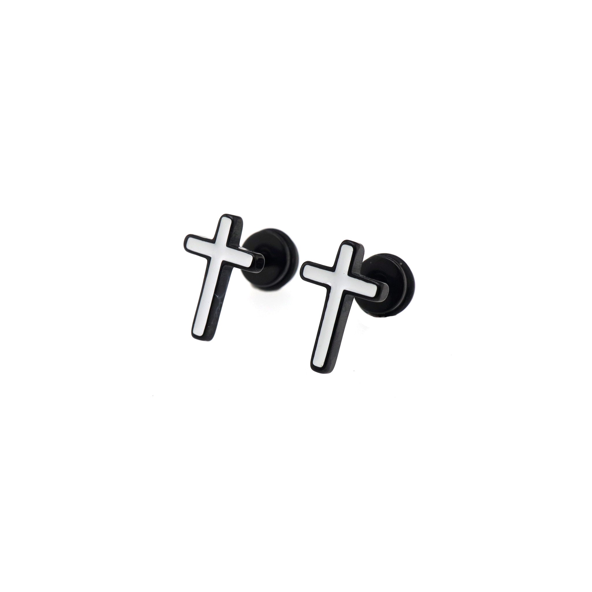 Black & White Oil Slick Cross Externally Threaded Stainless Steel Ear Studs - Black & White Oil Slick Cross Externally Threaded Stainless Steel Ear Studs - Pair of White by CRUXJEWELRY