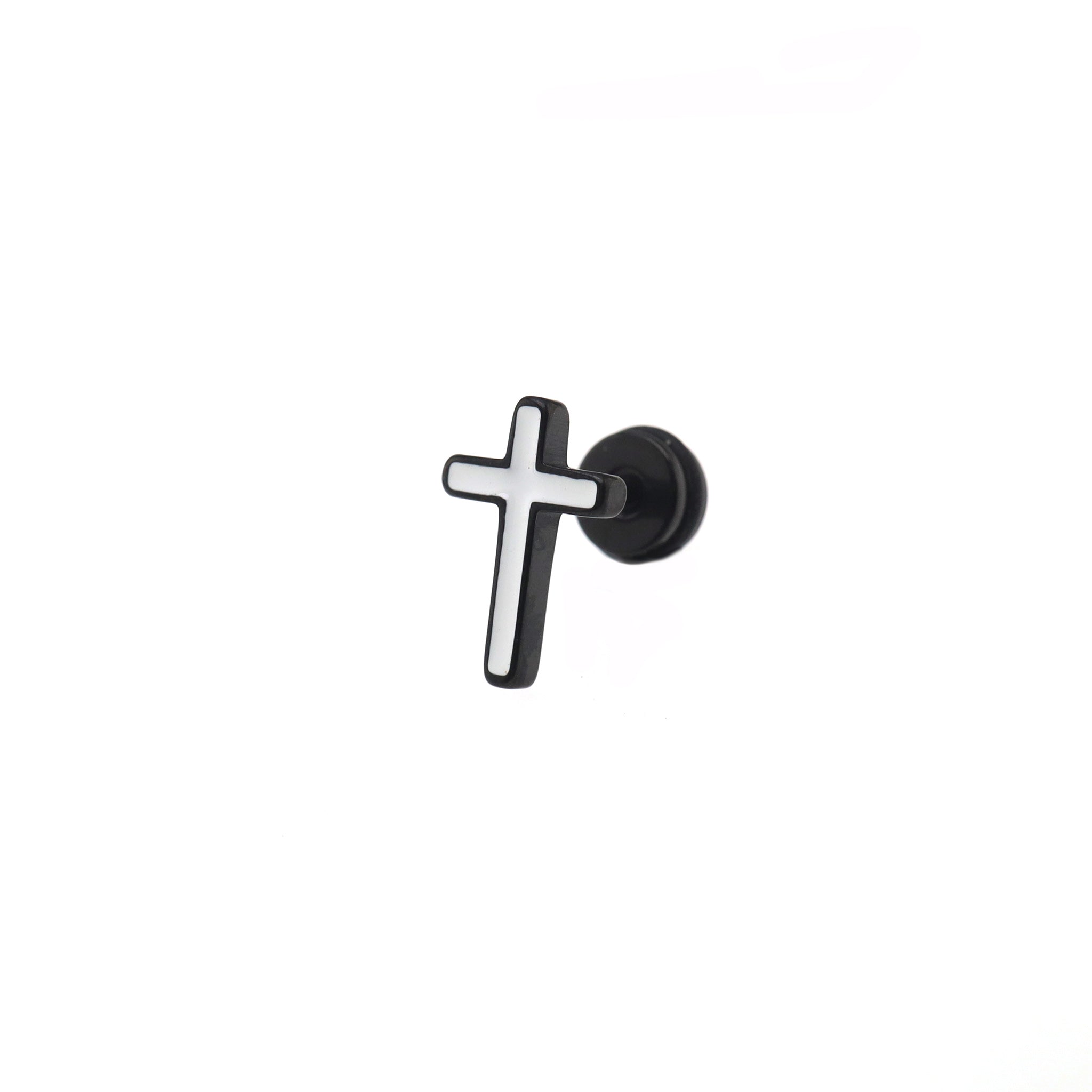 Black & White Oil Slick Cross Externally Threaded Stainless Steel Ear Studs - Black & White Oil Slick Cross Externally Threaded Stainless Steel Ear Studs - White by CRUXJEWELRY