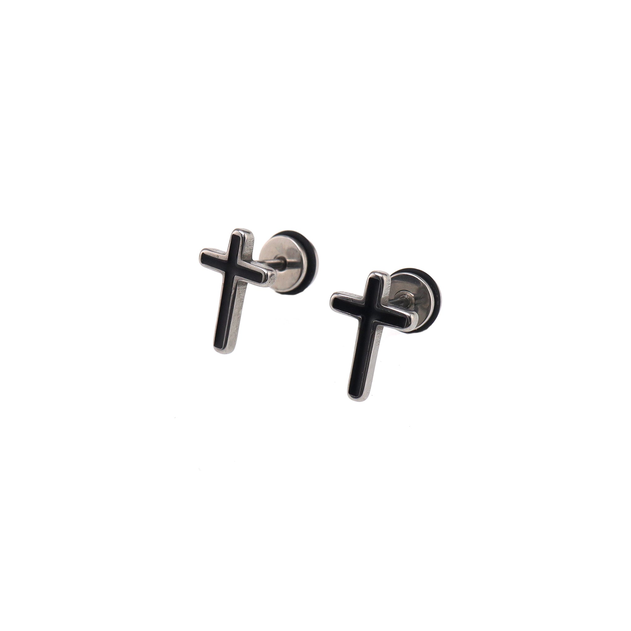 Black & White Oil Slick Cross Externally Threaded Stainless Steel Ear Studs - Black & White Oil Slick Cross Externally Threaded Stainless Steel Ear Studs - Pair of Black by CRUXJEWELRY