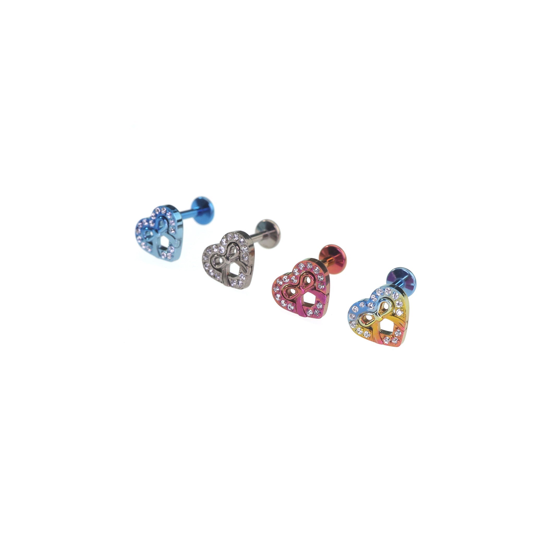 Heart Bow CZ Internally Threaded Titanium Ear Studs - Heart Bow CZ Internally Threaded Titanium Ear Studs - Rainbow / 6mm by CRUXJEWELRY