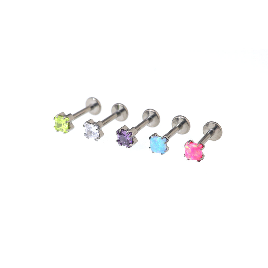 Square CZ Titanium Internally Threaded Labret Stud - Square CZ Titanium Internally Threaded Labret Stud - Green / 6mm by CRUXJEWELRY