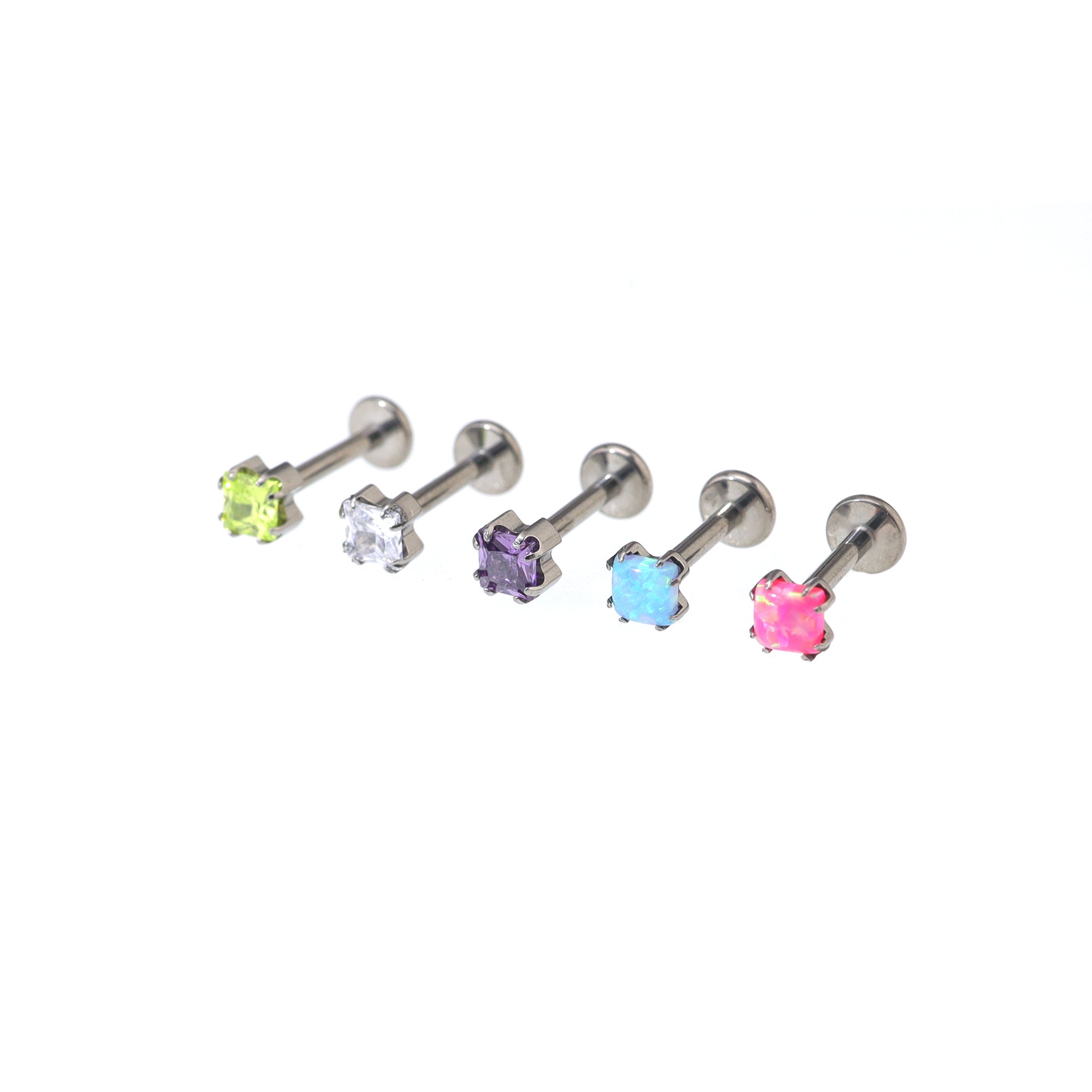 Square CZ Titanium Internally Threaded Labret Stud - Square CZ Titanium Internally Threaded Labret Stud - Green / 6mm by CRUXJEWELRY