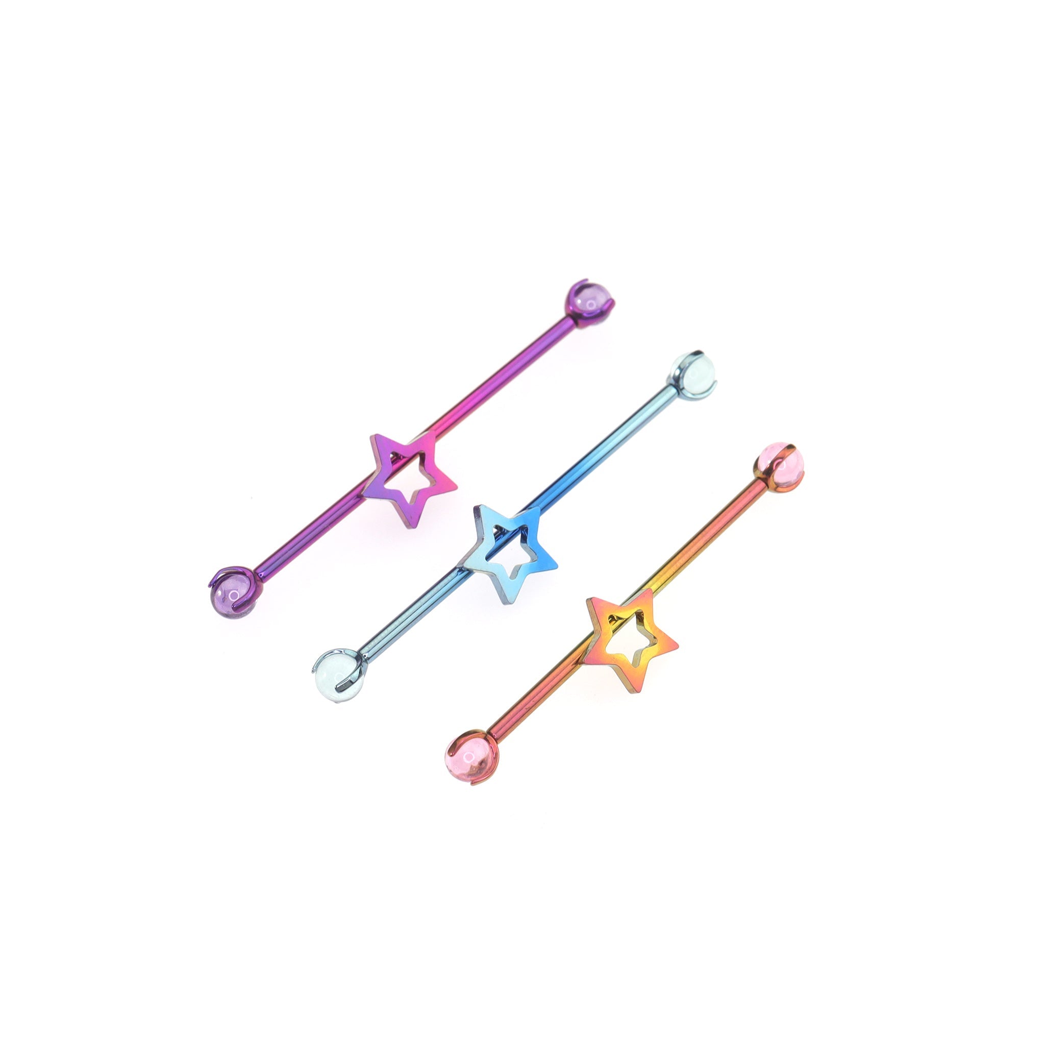 Openwork Pentagram CZ Titanium Industrial Barbell - Openwork Pentagram CZ Titanium Industrial Barbell - Pink-Yellow Gradient / 34mm by CRUXJEWELRY