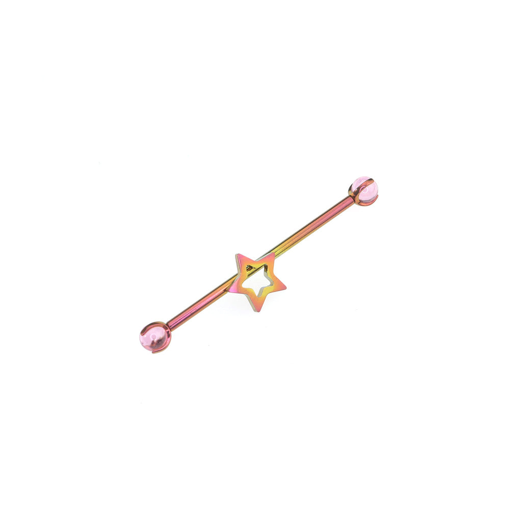 Openwork Pentagram CZ Titanium Industrial Barbell - Pink-Yellow Gradient