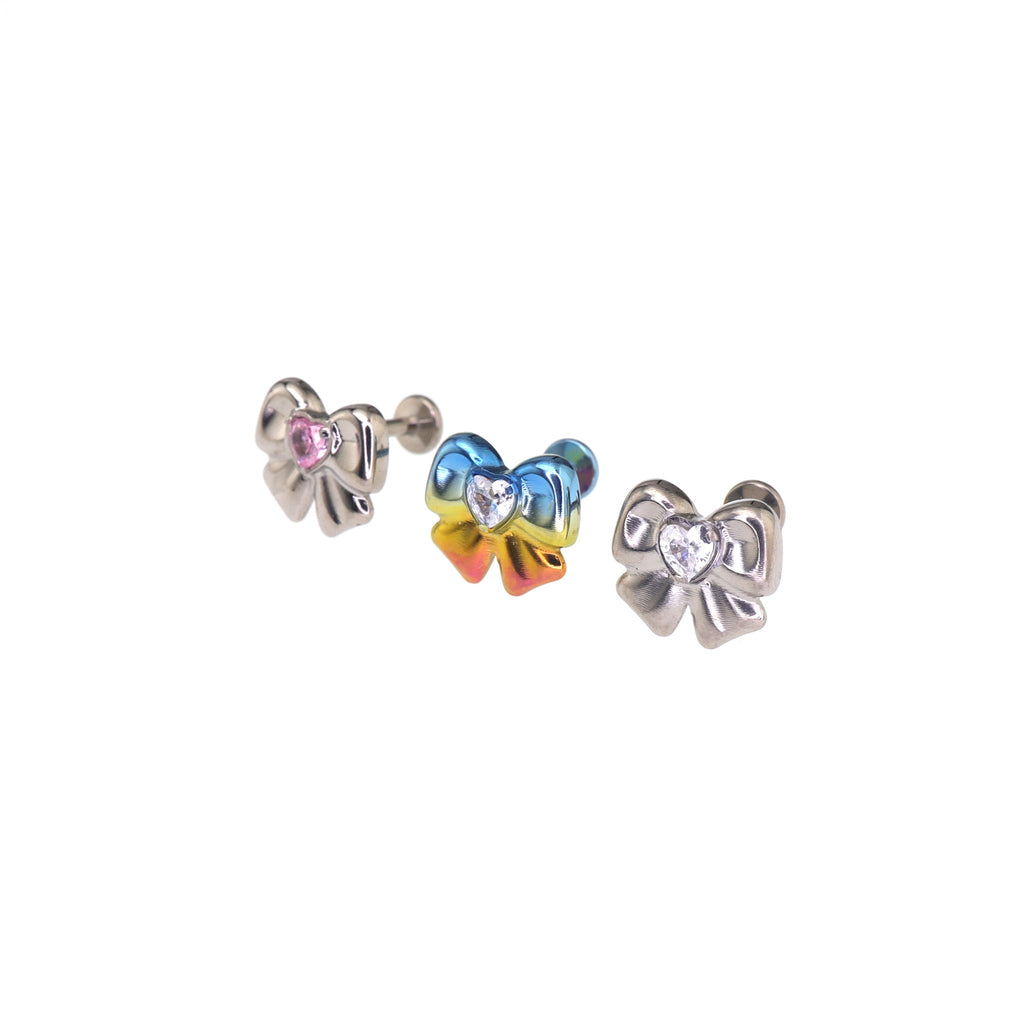 Cute Heart CZ Bow Titanium Ear Studs - Cute Heart CZ Bow Titanium Ear Studs - Pink / Single / 6mm by CRUXJEWELRY