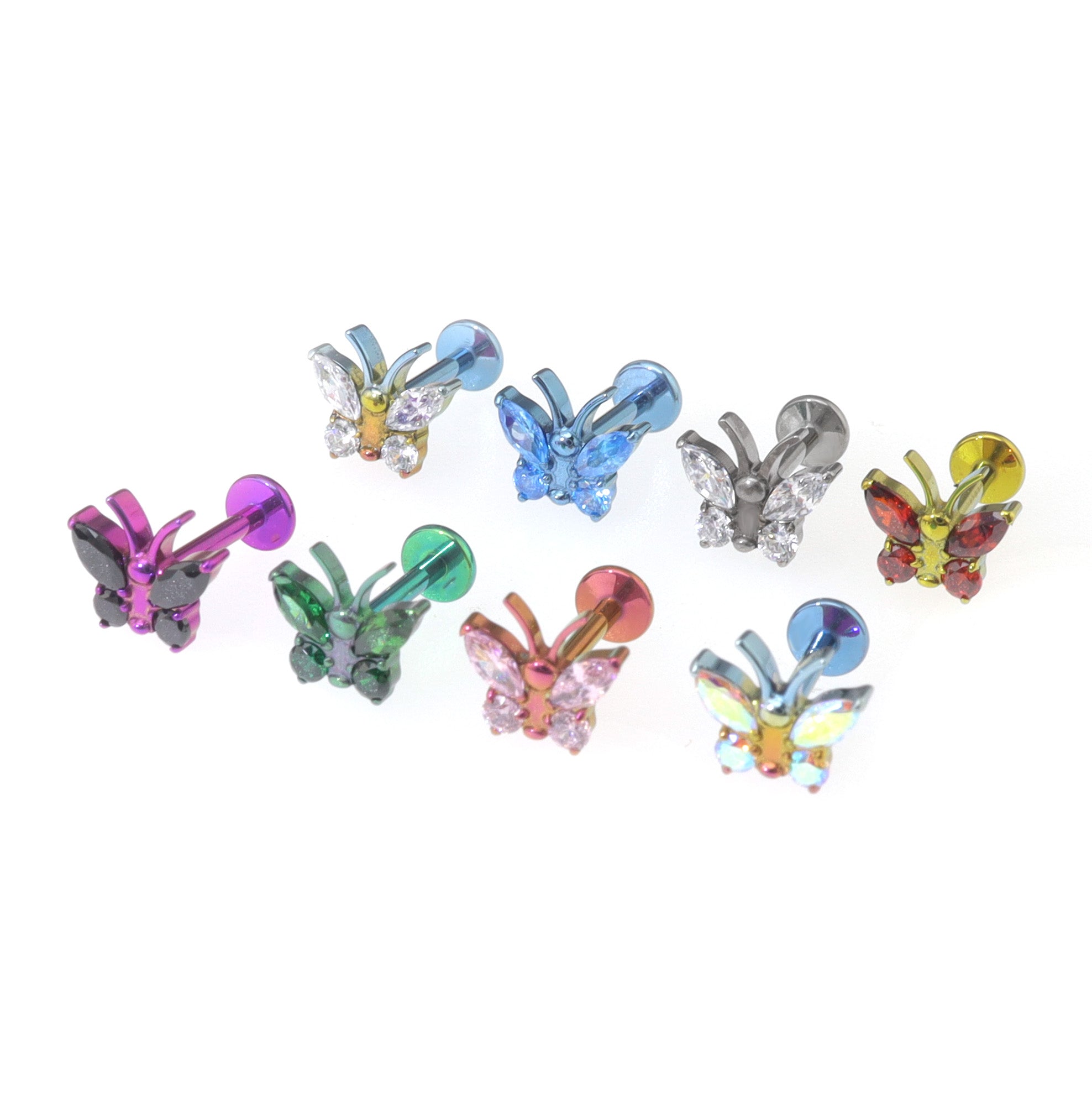Rainbow CZ Butterfly Internally Threaded Titanium Ear Studs - Rainbow CZ Butterfly Internally Threaded Titanium Ear Studs - Gold / 5mm by CRUXJEWELRY