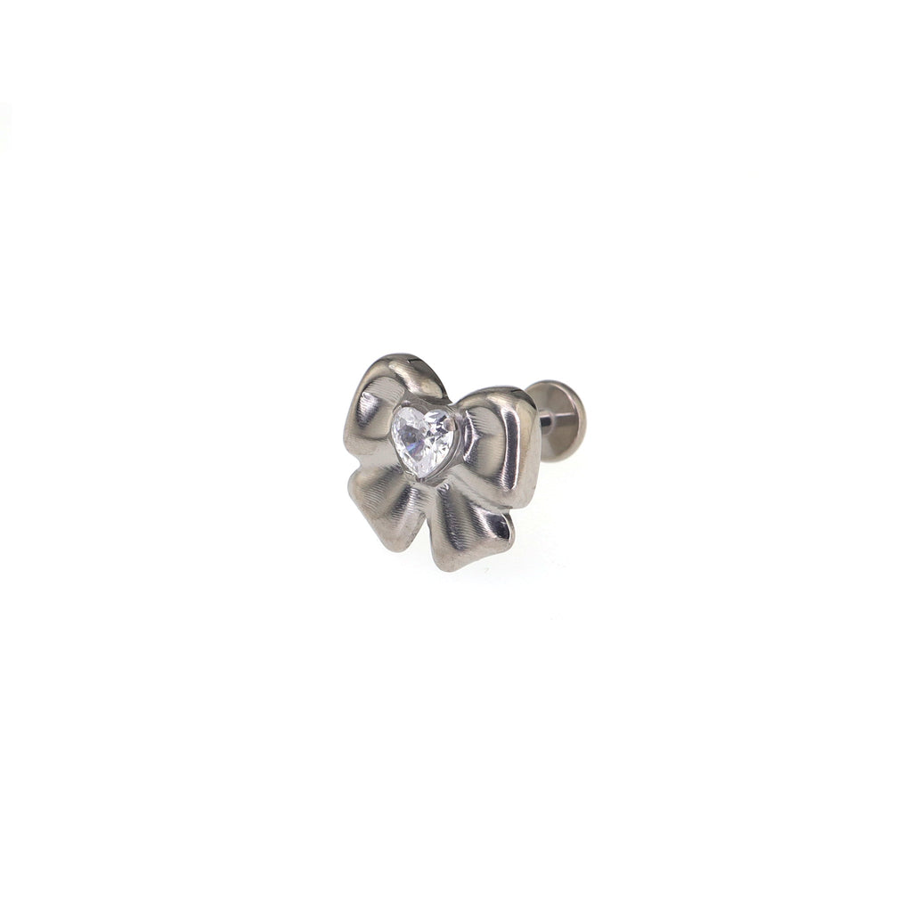 Cute Heart CZ Bow Titanium Ear Studs - Cute Heart CZ Bow Titanium Ear Studs - White / Single / 6mm by CRUXJEWELRY