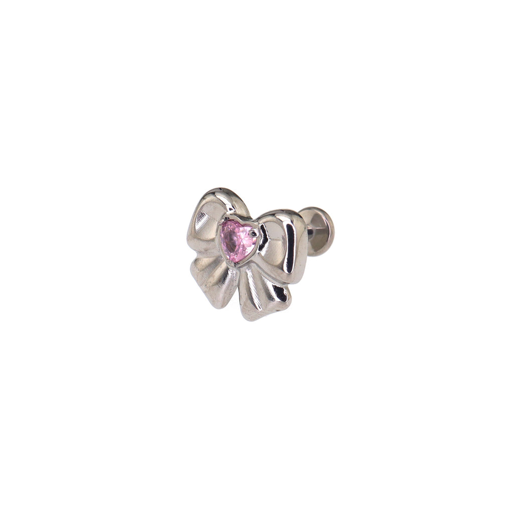 Cute Heart CZ Bow Titanium Ear Studs - Cute Heart CZ Bow Titanium Ear Studs - Pink / Single / 6mm by CRUXJEWELRY