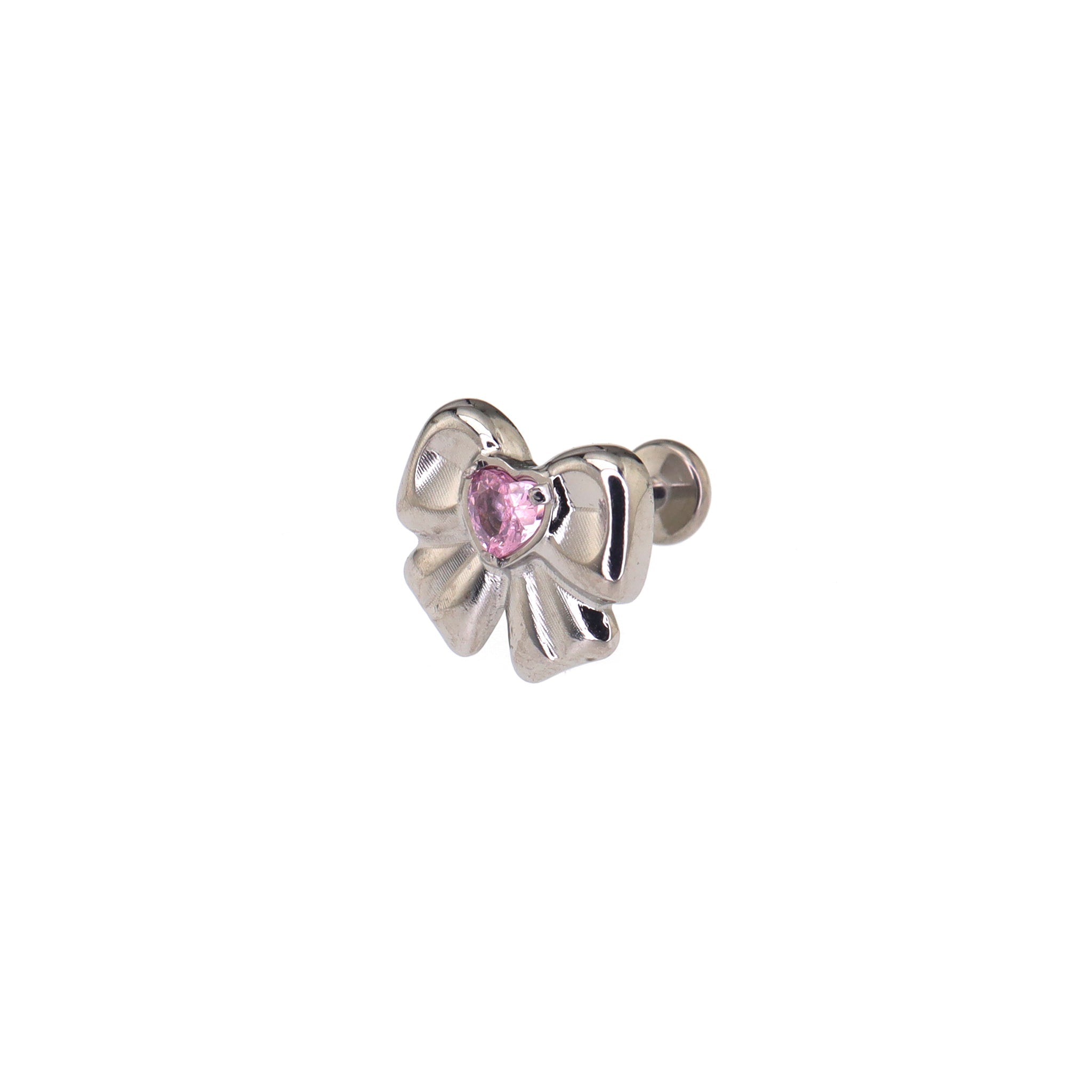 Cute Heart CZ Bow Titanium Ear Studs - Cute Heart CZ Bow Titanium Ear Studs - Pink / Single / 6mm by CRUXJEWELRY