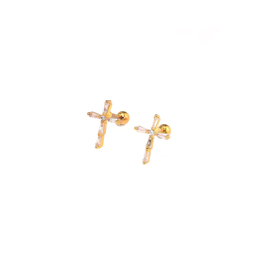 Golden Cross CZ Stainless Steel Ear Studs - Golden Cross CZ Stainless Steel Ear Studs - Gold / Set by CRUXJEWELRY