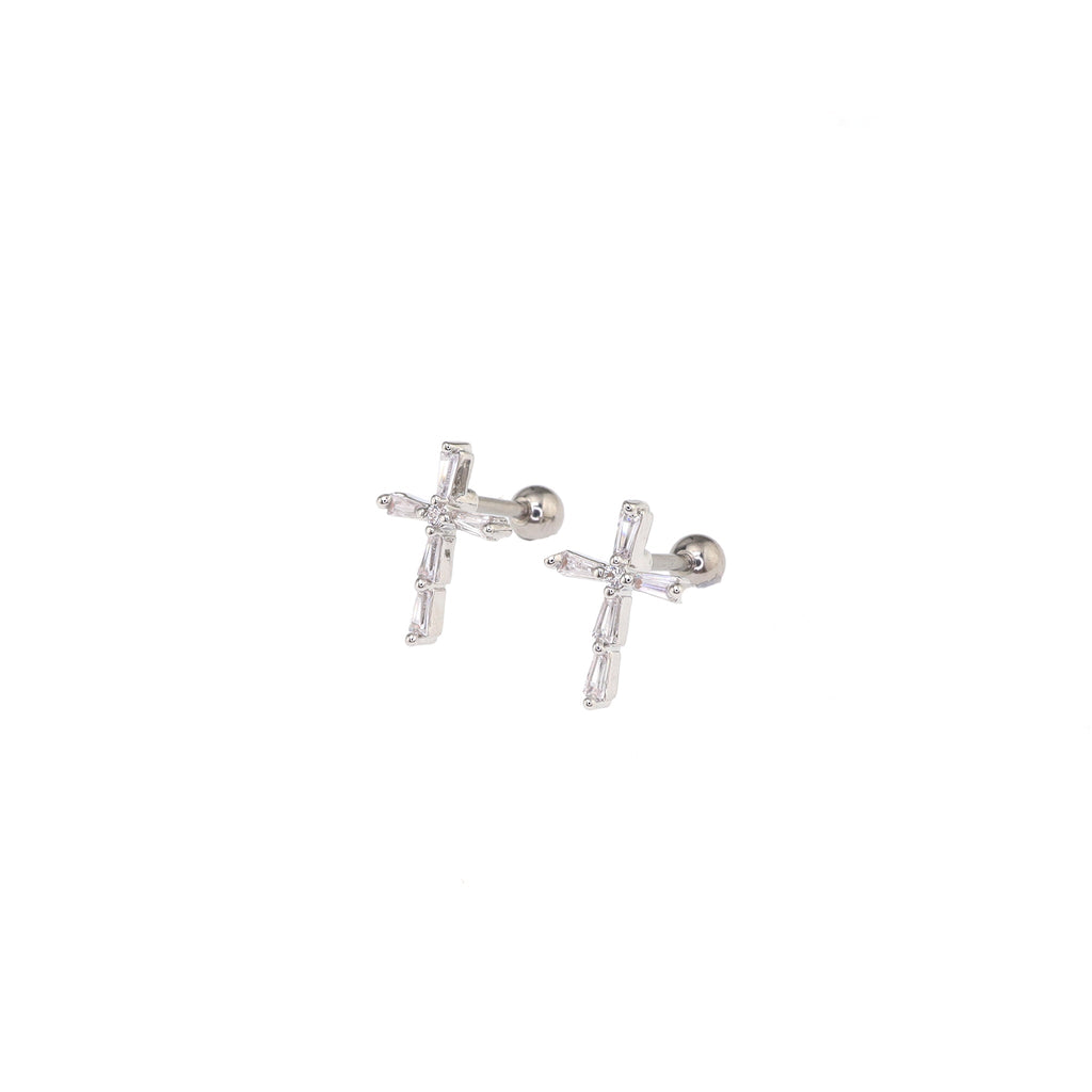 Golden Cross CZ Stainless Steel Ear Studs - Golden Cross CZ Stainless Steel Ear Studs - Sliver / Set by CRUXJEWELRY