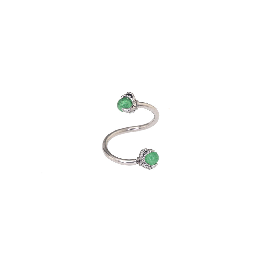 S-Shaped Dragon Claw Cat's Eye Internally Threaded Stainless Steel Lip Ring - S-Shaped Dragon Claw Cat's Eye Internally Threaded Stainless Steel Lip Ring - Green / 8mm by CRUXJEWELRY