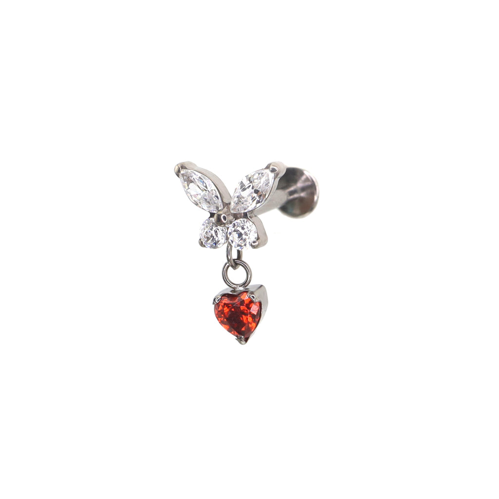 Butterfly & Heart Pendant CZ Titanium Labret Studs - Butterfly & Heart Pendant CZ Titanium Labret Studs - Red / 6mm by CRUXJEWELRY