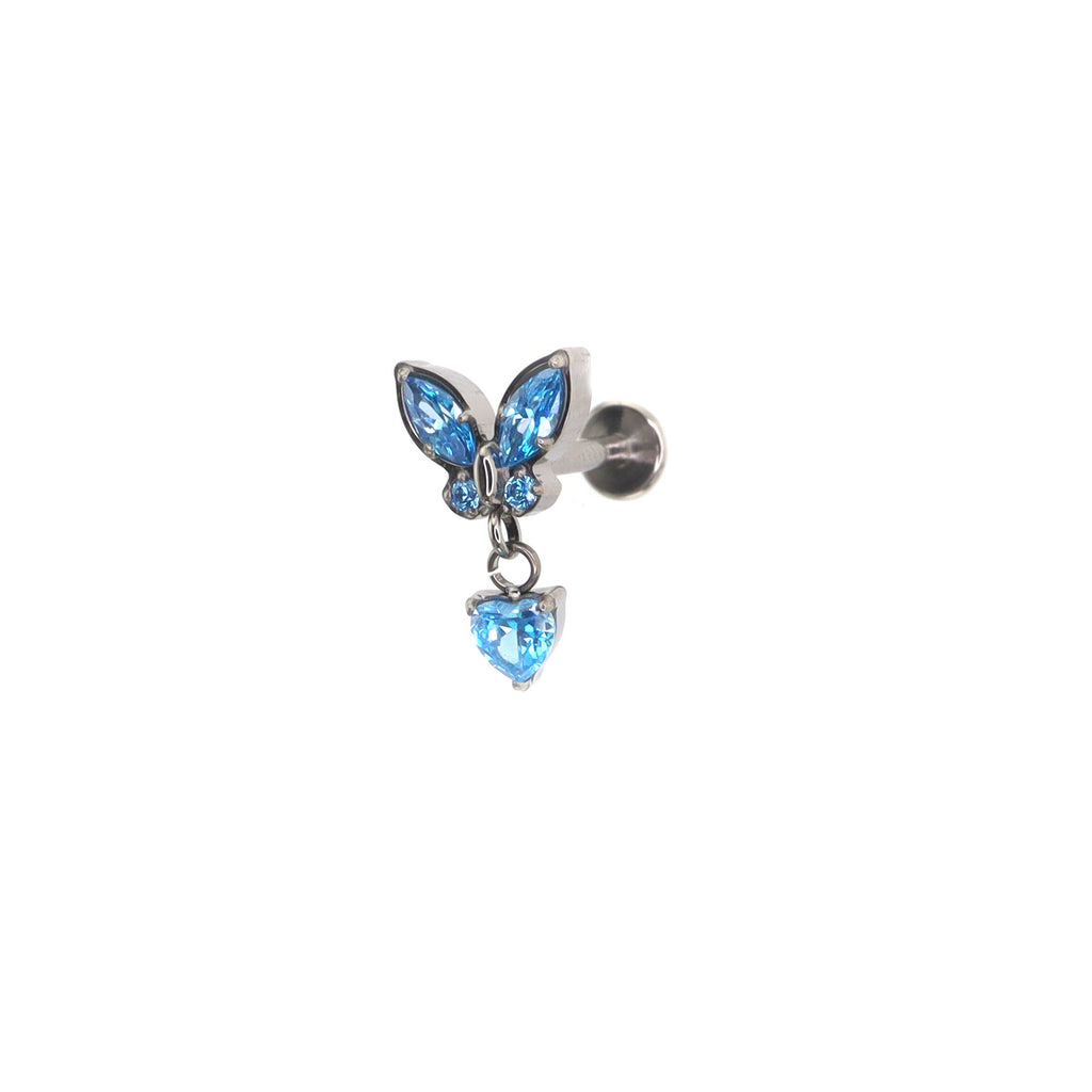 Butterfly & Heart Pendant CZ Titanium Labret Studs - Butterfly & Heart Pendant CZ Titanium Labret Studs - Blue / 6mm by CRUXJEWELRY