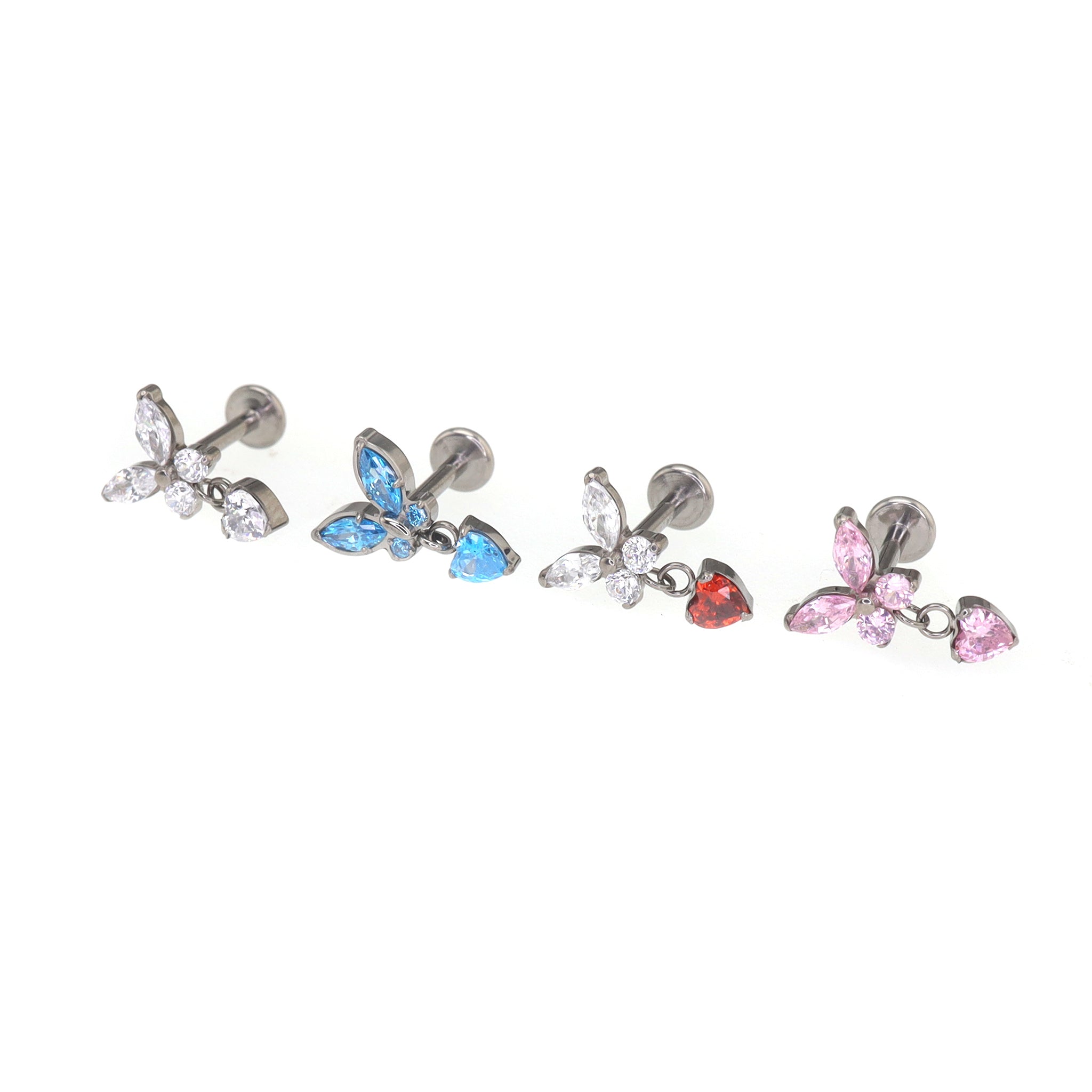 Butterfly & Heart Pendant CZ Titanium Labret Studs - Butterfly & Heart Pendant CZ Titanium Labret Studs - Blue / 6mm by CRUXJEWELRY