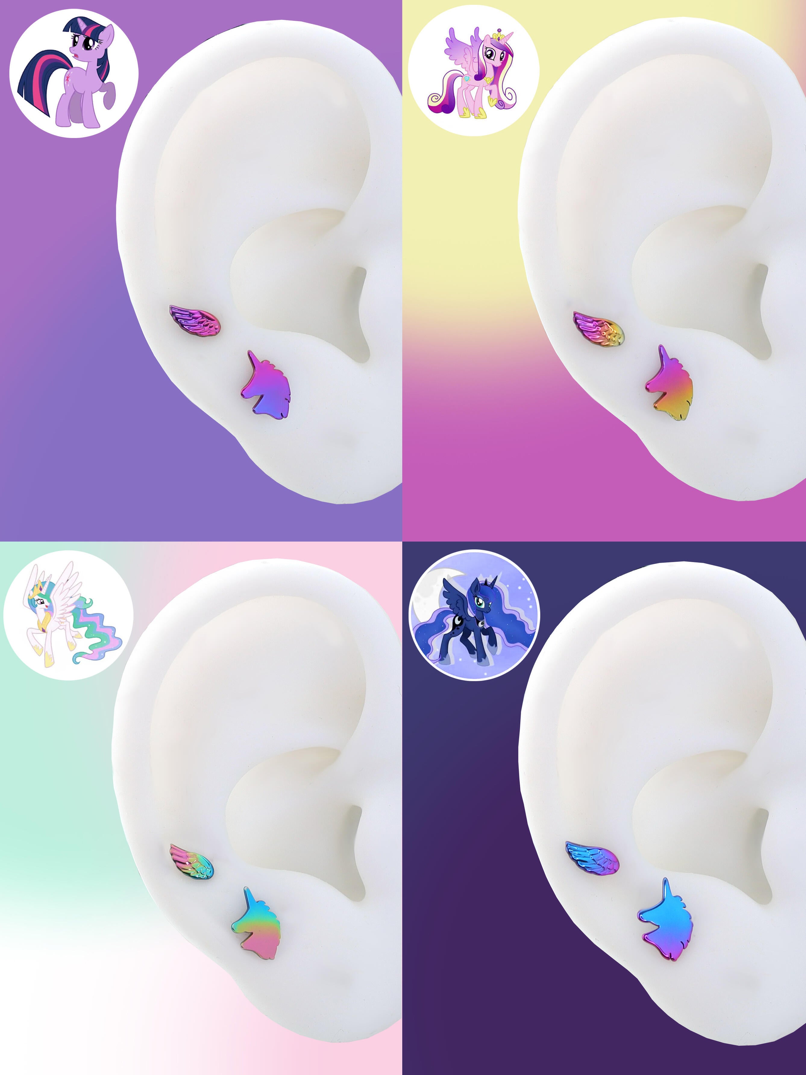 Magical Alicorn Princess Piercing Set | MLP Inspired Unicorn & Wing Titanium Studs | Helix & Lobe Earrings