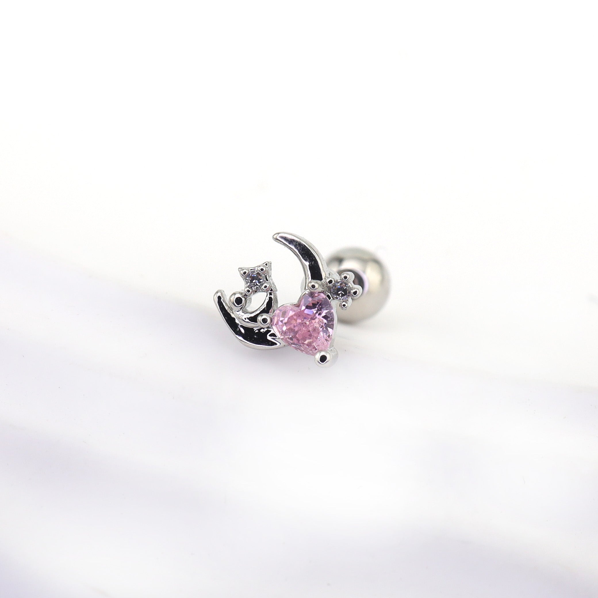 PAIR OF 20G Thin Star Moon Heart CZ Ear Studs - PAIR OF 20G Thin Star Moon Heart CZ Ear Studs - Pink by CRUXJEWELRY