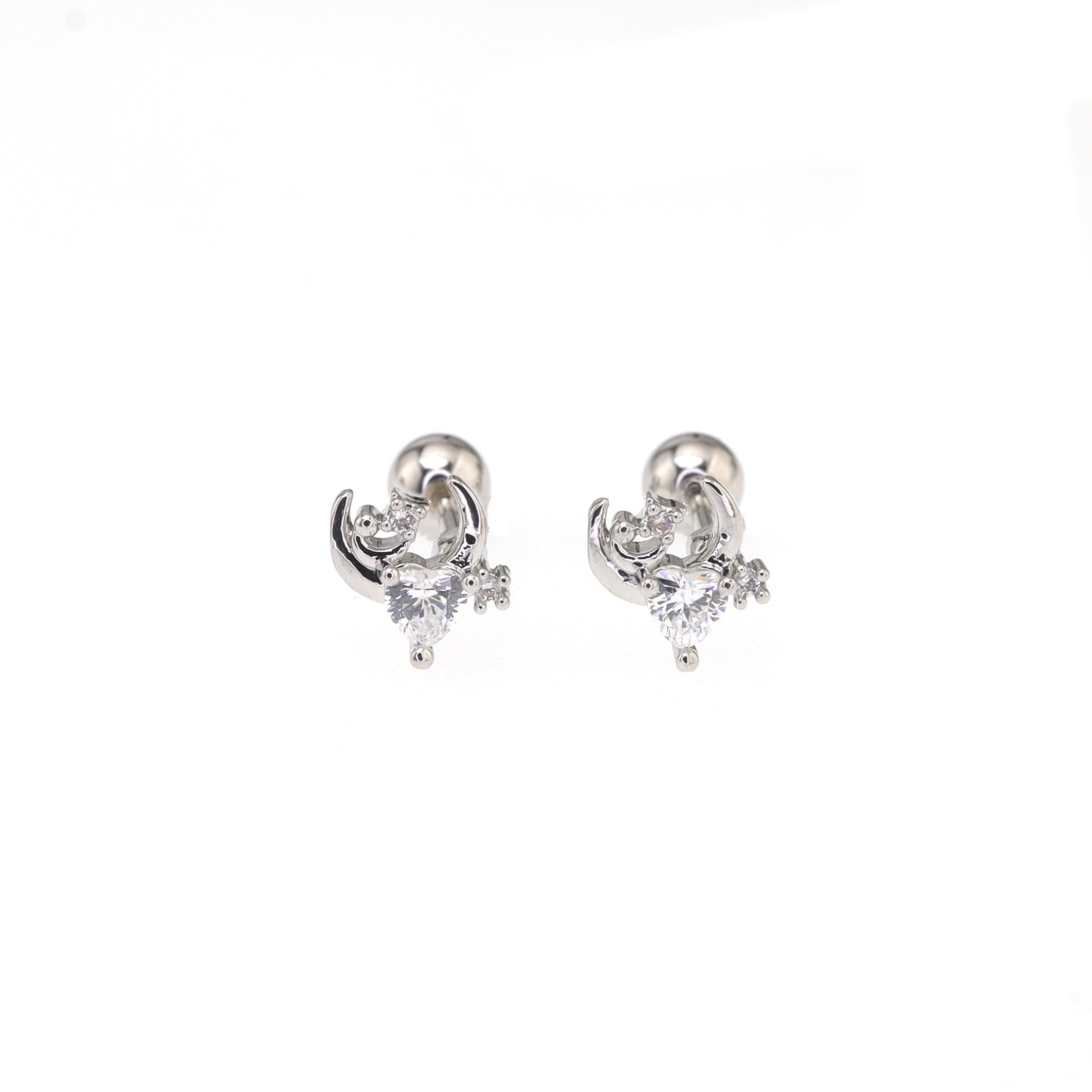 PAIR OF 20G Thin Star Moon Heart CZ Ear Studs - PAIR OF 20G Thin Star Moon Heart CZ Ear Studs - White by CRUXJEWELRY