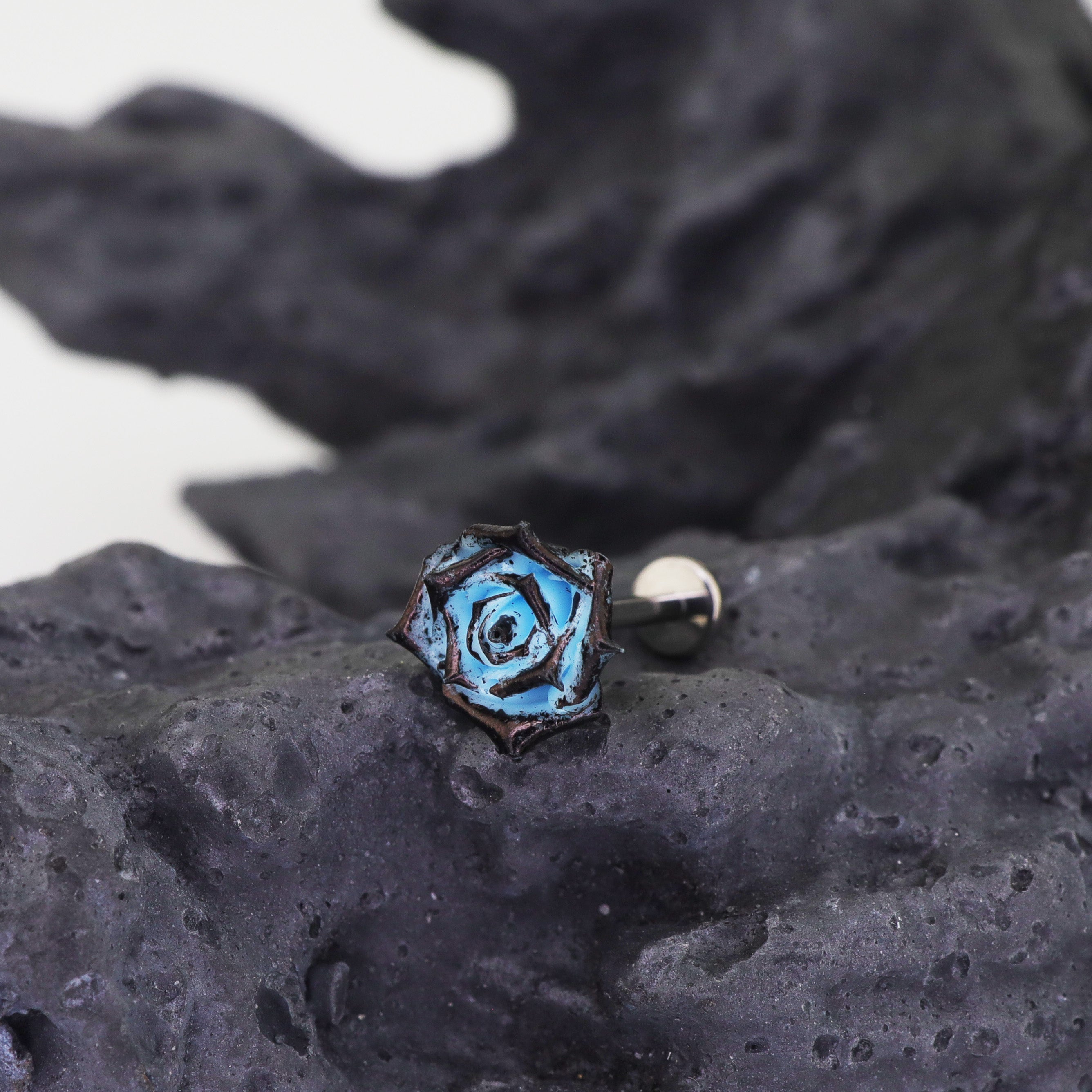 3D Blue Resin Rose stainless steel Ear Studs - 3D Blue Resin Rose stainless steel Ear Studs - 0.8mm/20G by CRUXJEWELRY