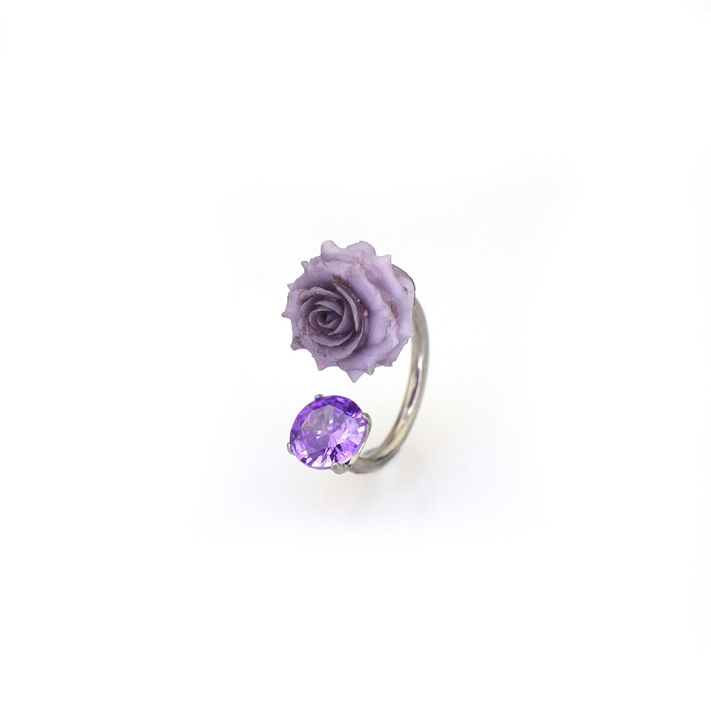 3D Purple Resin Rose & CZ Titanium Horseshoe Rings - 3D Purple Resin Rose & CZ Titanium Horseshoe Rings - 8mm by CRUXJEWELRY