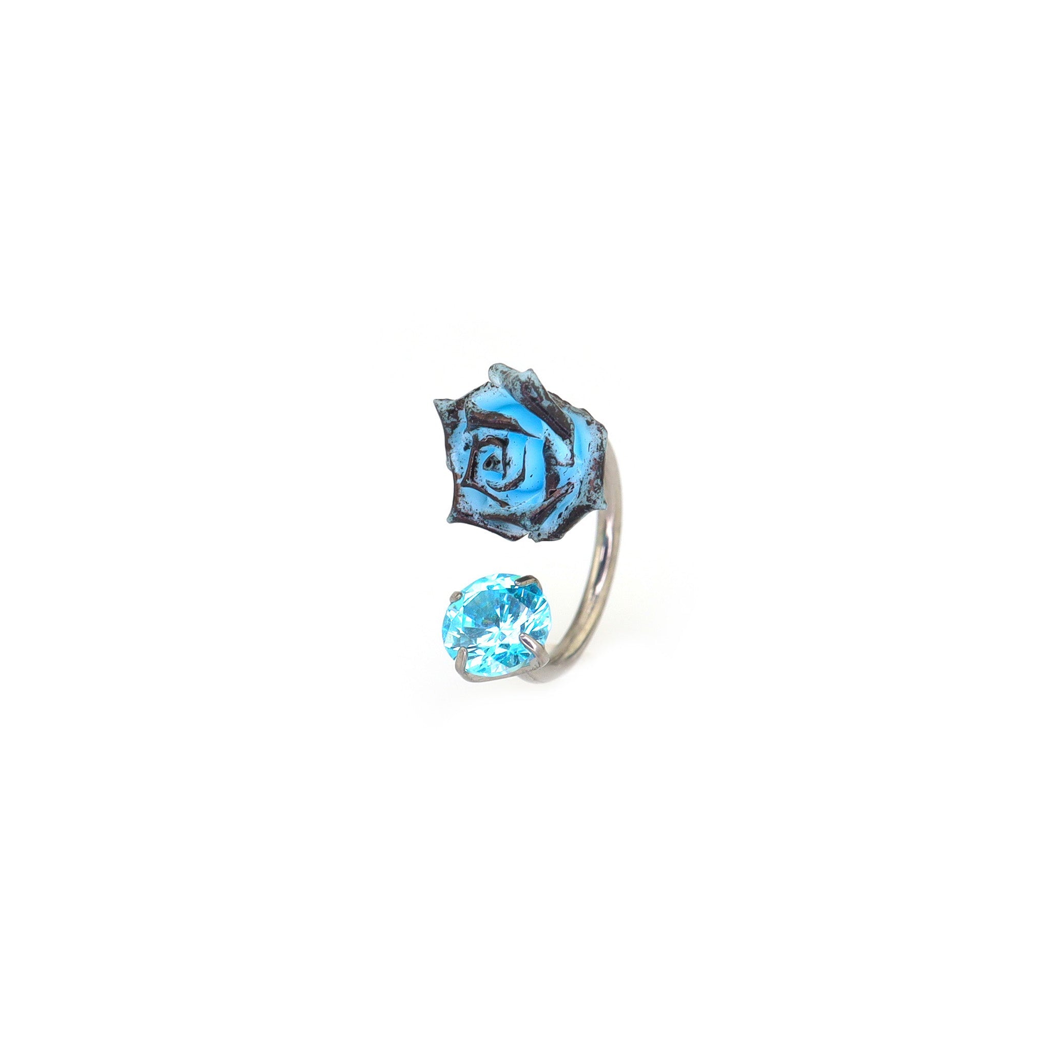 3D Blue Resin Rose & CZ Titanium Horseshoe Rings - 3D Blue Resin Rose & CZ Titanium Horseshoe Rings - 8mm by CRUXJEWELRY