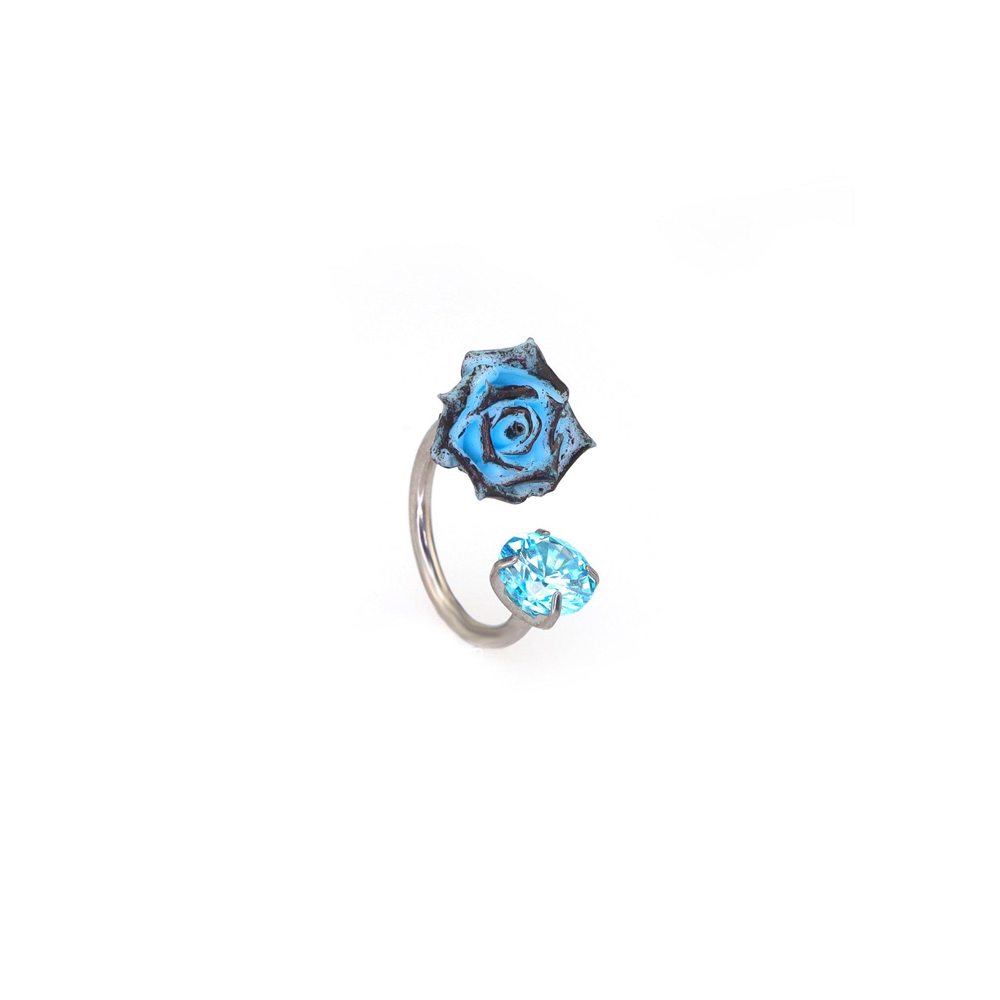 3D Blue Resin Rose & CZ Titanium Horseshoe Rings - 3D Blue Resin Rose & CZ Titanium Horseshoe Rings - 8mm by CRUXJEWELRY