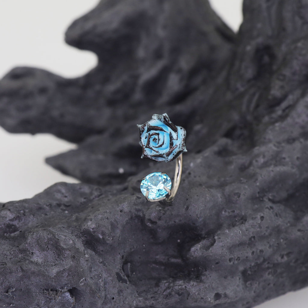 3D Blue Resin Rose & CZ Titanium Horseshoe Rings - 3D Blue Resin Rose & CZ Titanium Horseshoe Rings - 8mm by CRUXJEWELRY