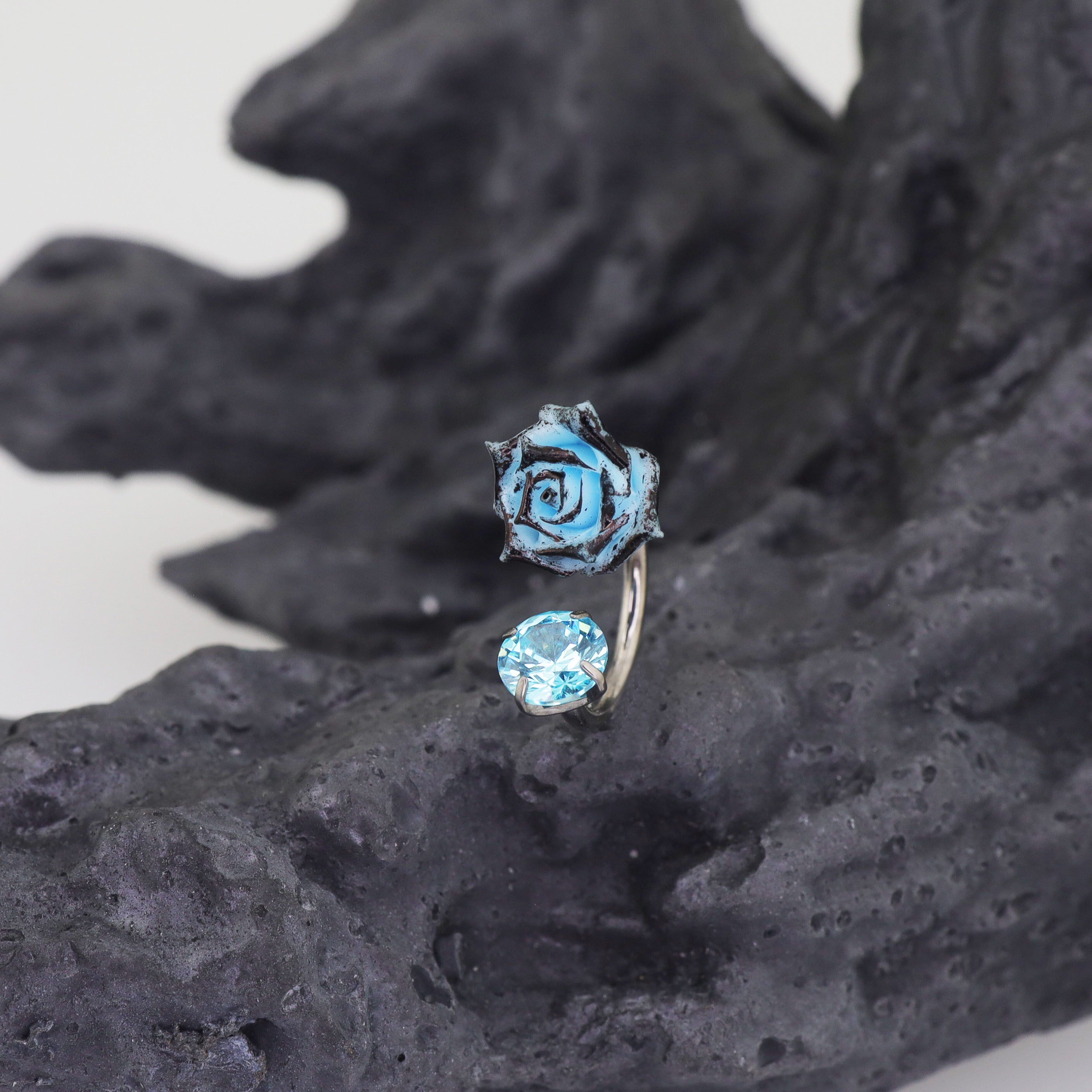 3D Blue Resin Rose & CZ Titanium Horseshoe Rings - 3D Blue Resin Rose & CZ Titanium Horseshoe Rings - 8mm by CRUXJEWELRY