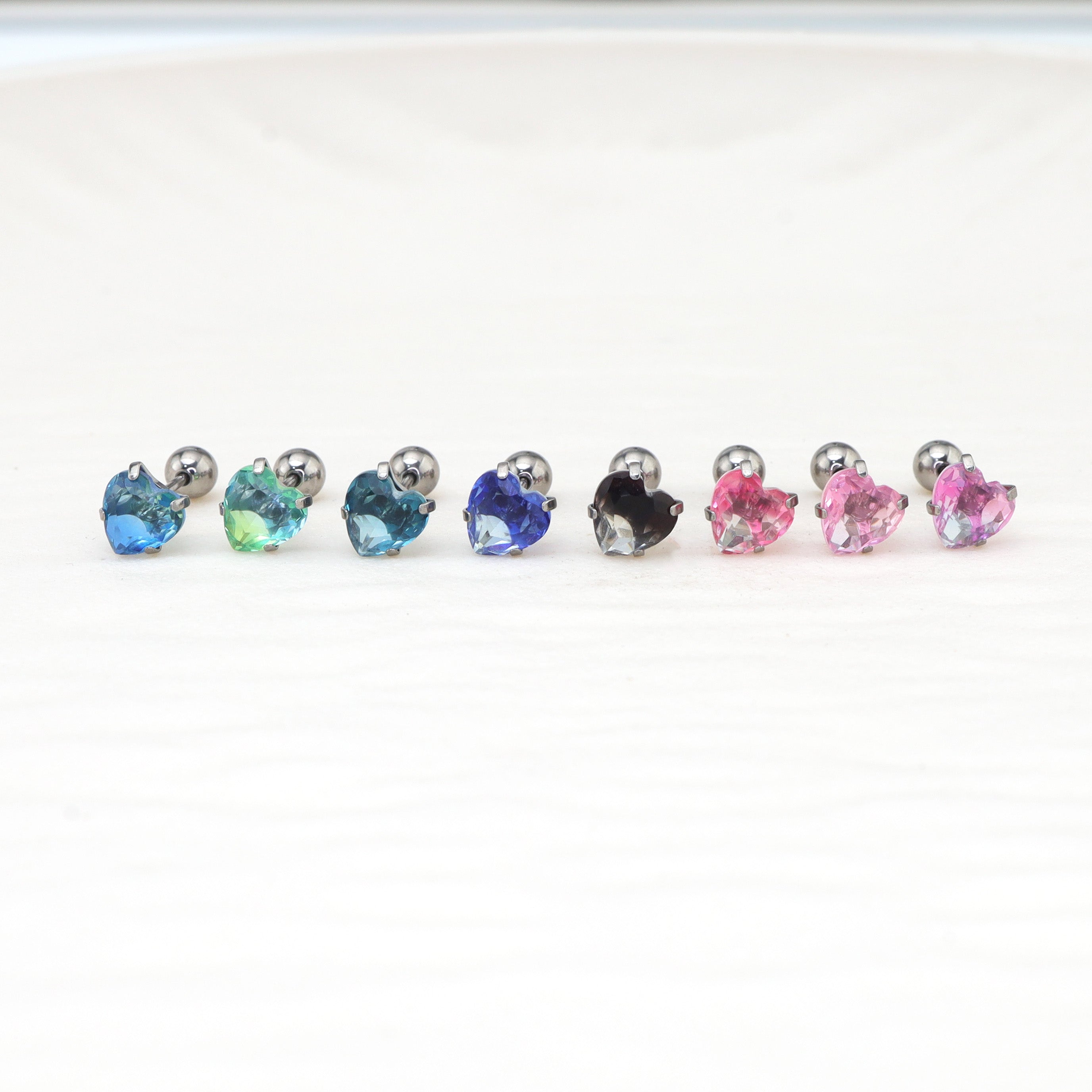 Colorful Heart Gradient Tourmaline CZ Titanium Ear Studs - Colorful Heart Gradient Tourmaline CZ Titanium Ear Studs - Bright Pink by CRUXJEWELRY